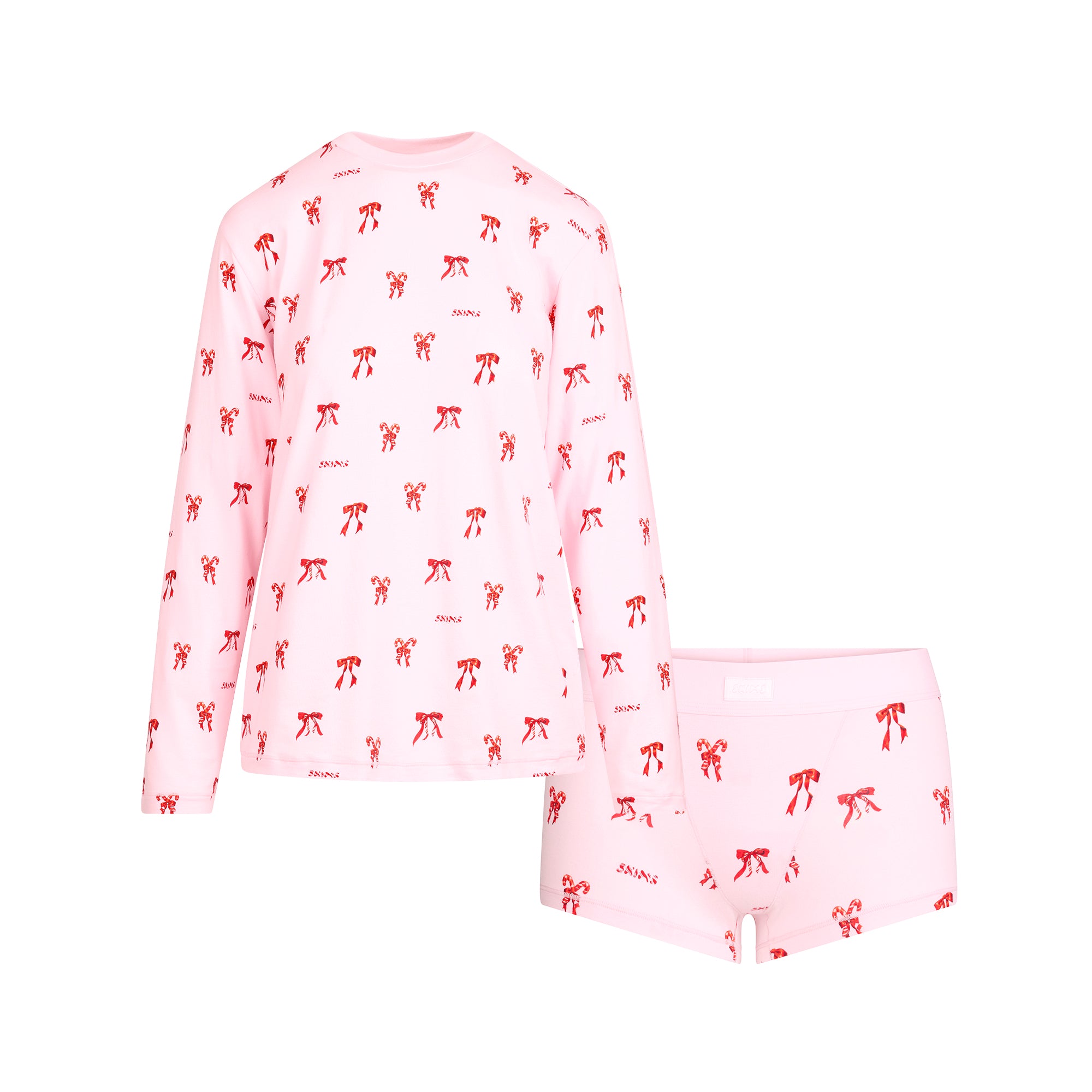 BOYFRIEND LONG SLEEVE T-SHIRT AND SHORT BOXER SET | CHERRY BLOSSOM CANDY BOW PRINT FLAT ON A WHITE BACKGROUND | FLT