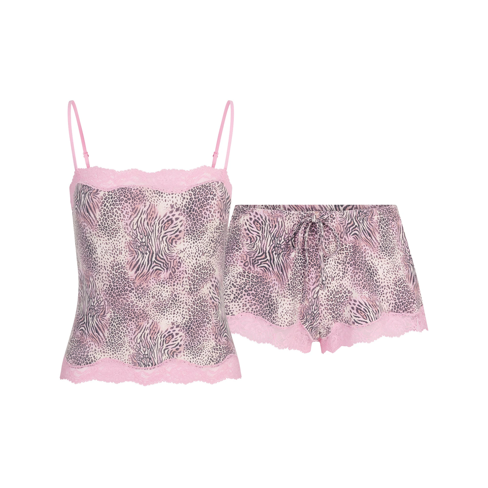 SKIMS SLEEP LACE CAMI AND SHORT SET | BLOOM MINI MULTI ANIMAL FLAT ON A WHITE BACKGROUND | FLT