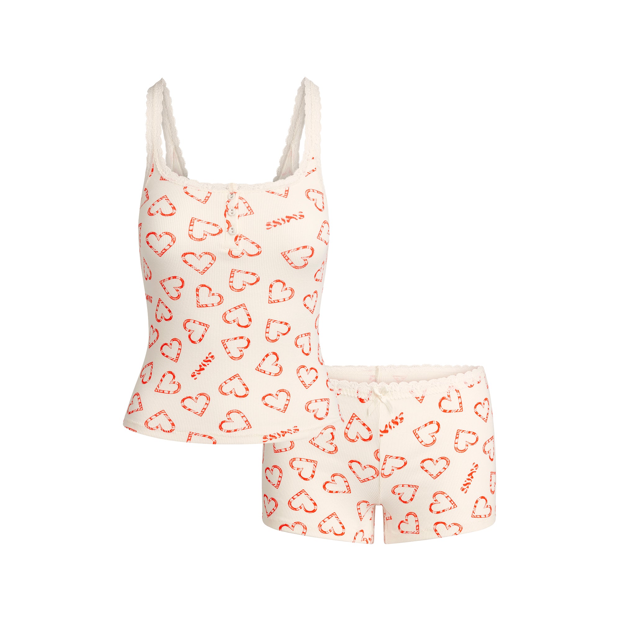 COTTON RIB LACE TANK AND SHORT SET | MARBLE CANDY HEART PRINT FLAT ON A WHITE BACKGROUND | FLT