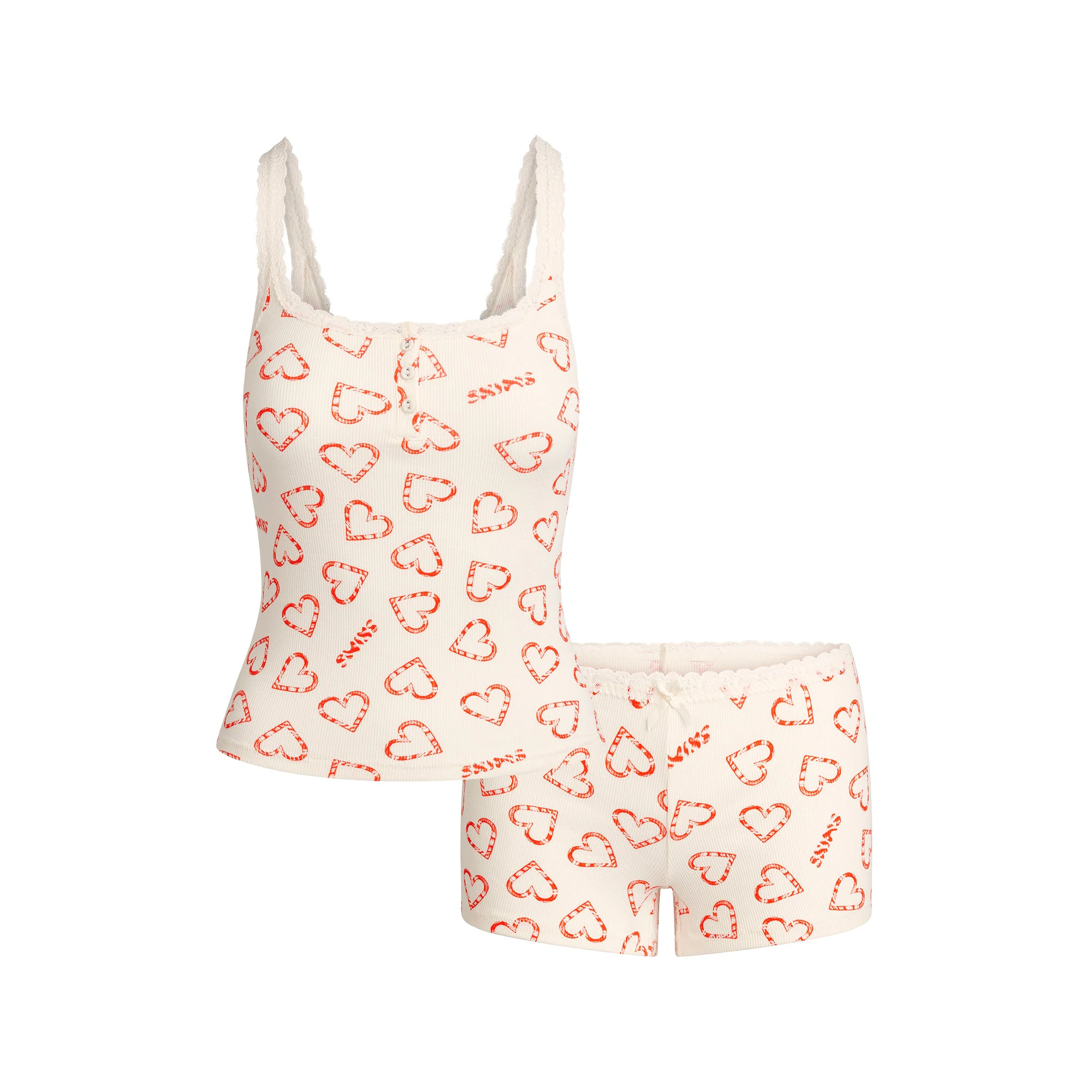 COTTON RIB LACE TANK AND SHORT SET | MARBLE CANDY HEART PRINT FLAT ON A WHITE BACKGROUND | FLT