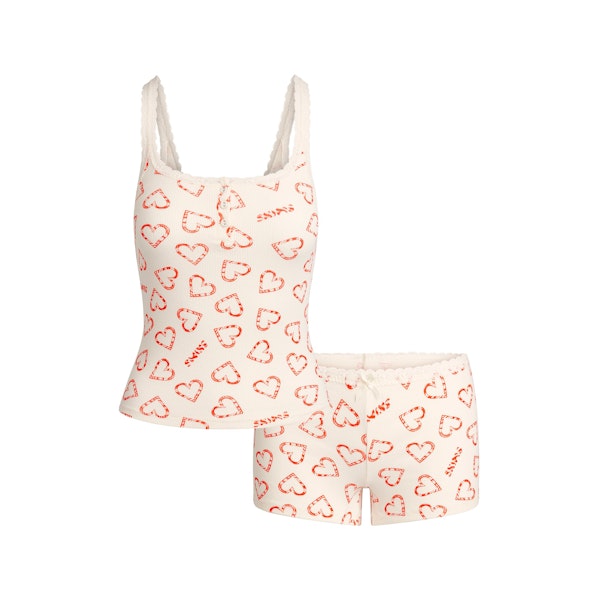 COTTON RIB LACE TANK AND SHORT SET | MARBLE CANDY HEART PRINT FLAT ON A WHITE BACKGROUND | FLT