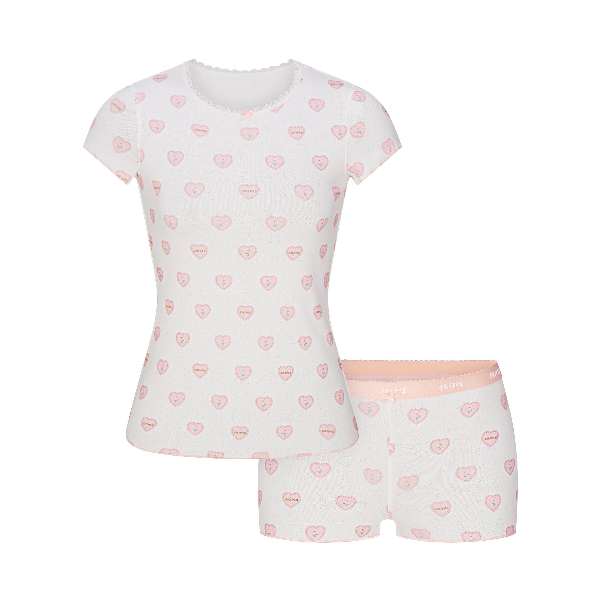 LOGO POINTELLE BABY TEE AND SHORT SET | SNOW LACE HEARTS FLAT ON A WHITE BACKGROUND | FLT