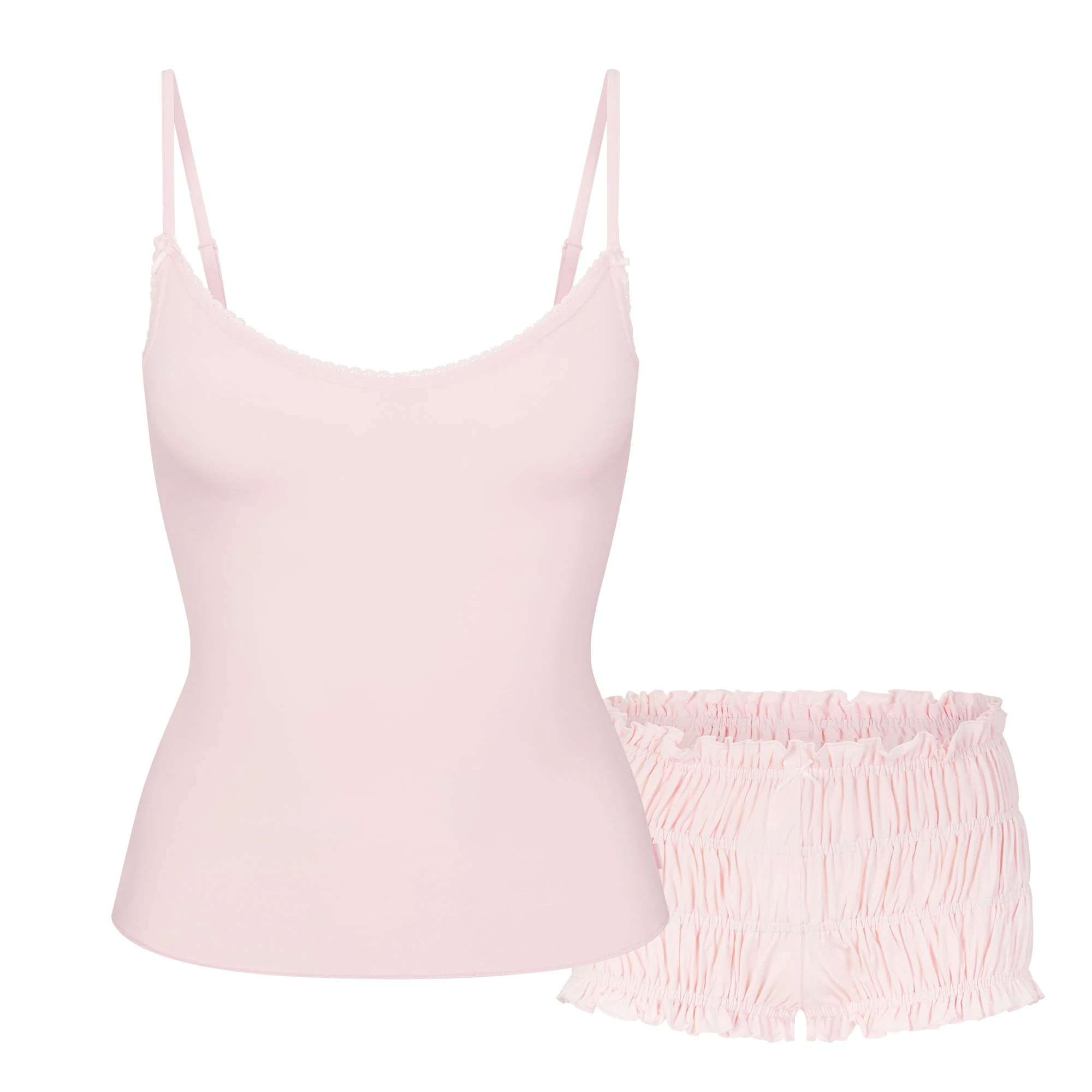 SKIMS SLEEP CAMI AND BLOOMER SET | BARELY PINK FLAT ON A WHITE BACKGROUND | FLT