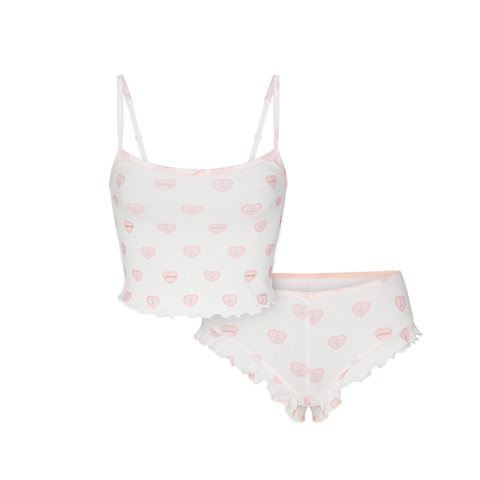 LOGO POINTELLE CAMI SLEEP SET | SNOW LACE HEARTS FLAT ON A WHITE BACKGROUND | FLT
