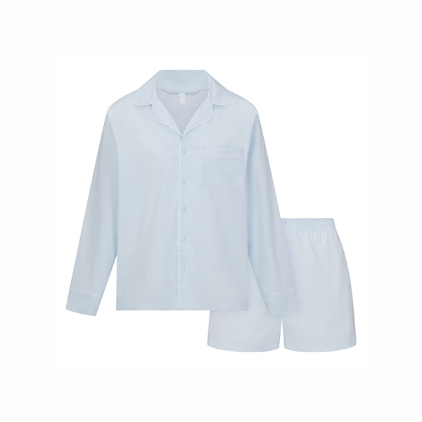 COTTON POPLIN SLEEP LONG SLEEVE AND BOXER SET | BABY BLUE CONTRAST LAYS FLAT ON A WHITE BACKGROUND | FLT 