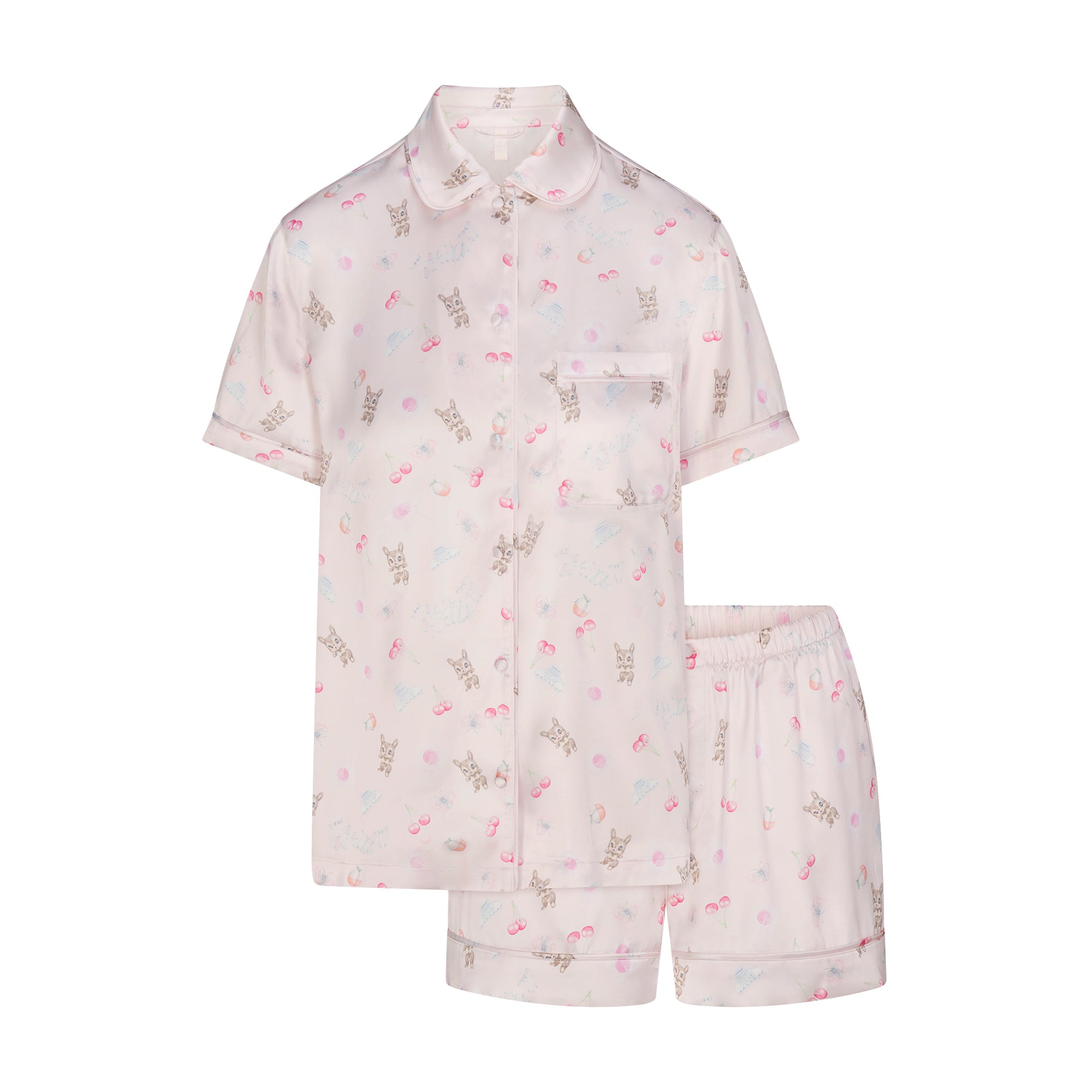 WOVEN SHINE SHORT SLEEP SET | BARELY PINK SNACK BAG FLAT ON A WHITE BACKGROUND | FLT