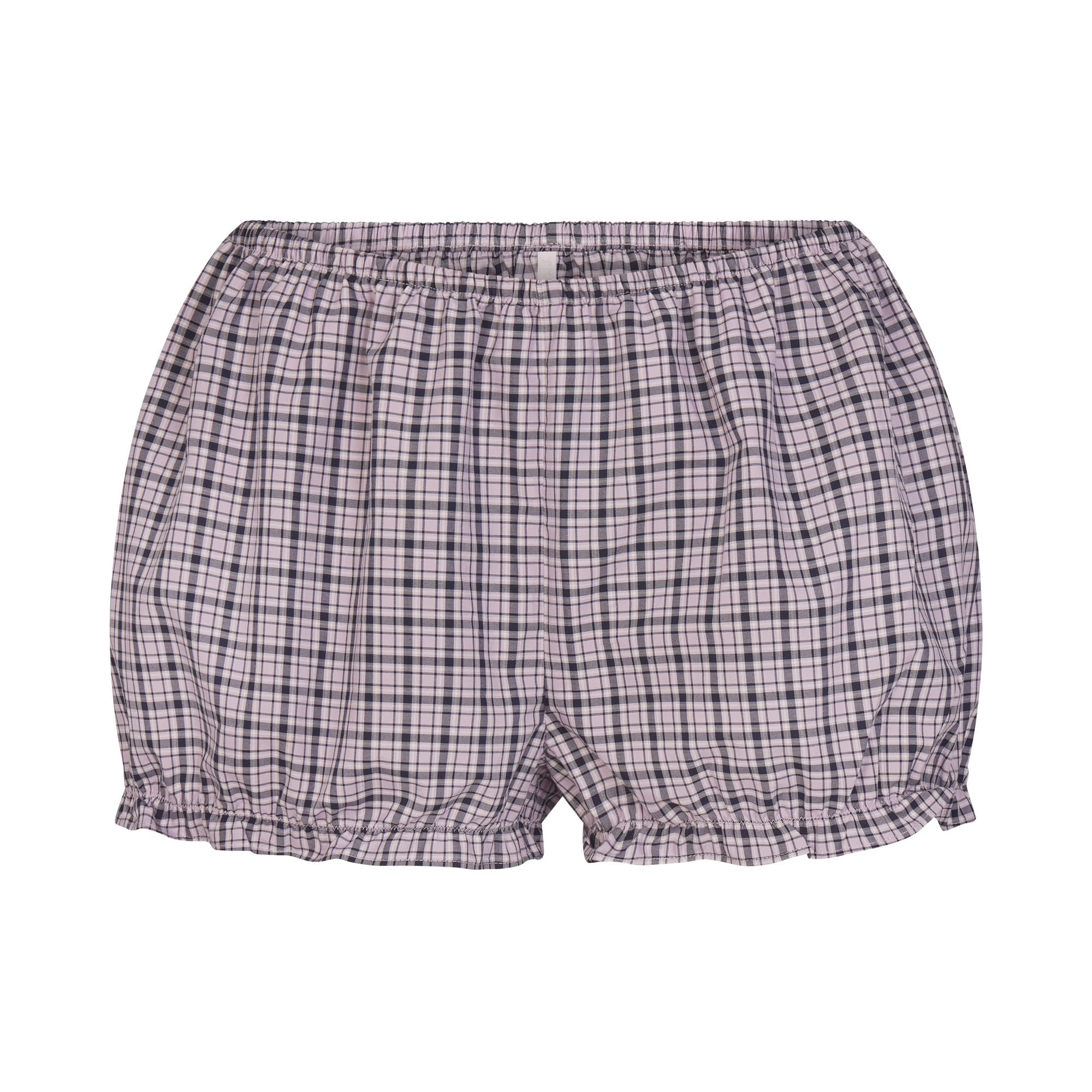 COTTON POPLIN SLEEP CROPPED BUTTON UP AND BLOOMER SET | IRIS MICA NAVY CHECK & LAYS FLAT ON A WHITE BACKGROUND | FLT