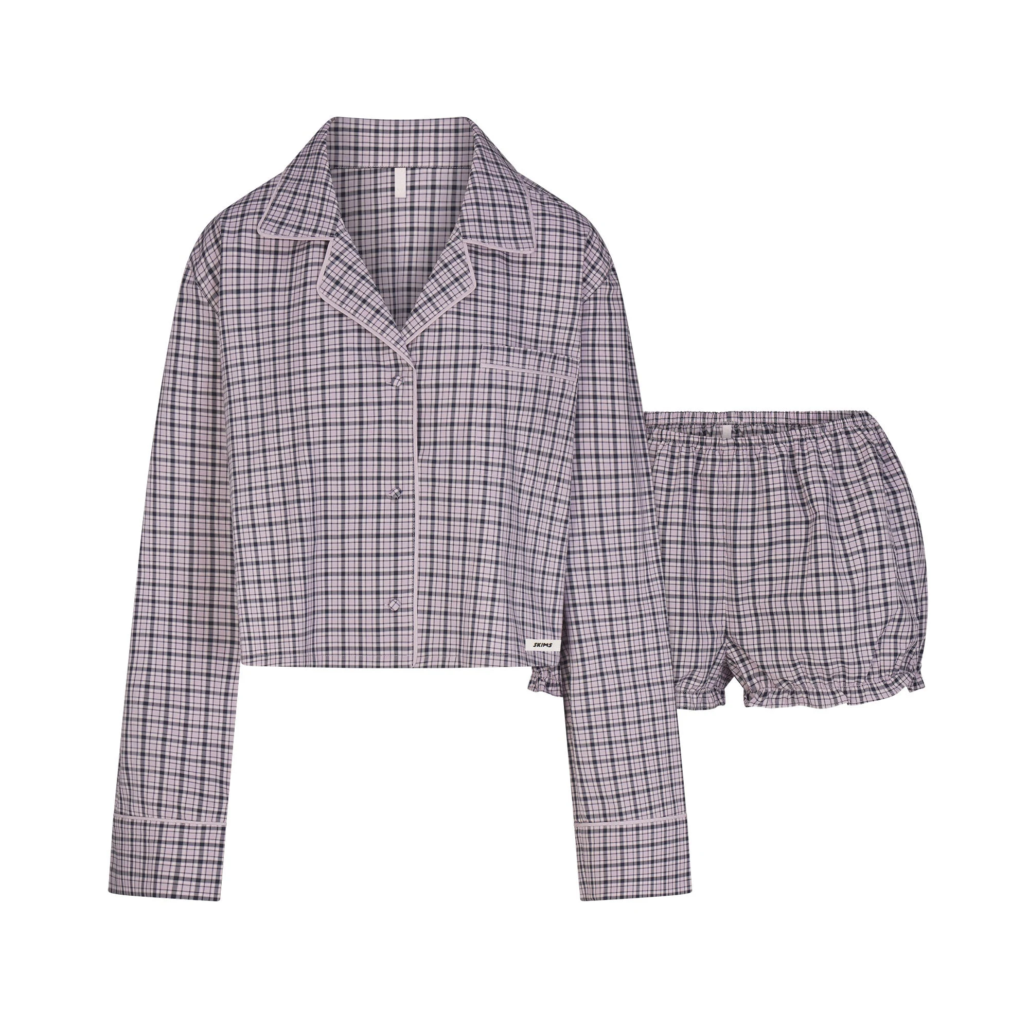 COTTON POPLIN SLEEP CROPPED BUTTON UP AND BLOOMER SET | IRIS MICA NAVY CHECK & LAYS FLAT ON A WHITE BACKGROUND | FLT