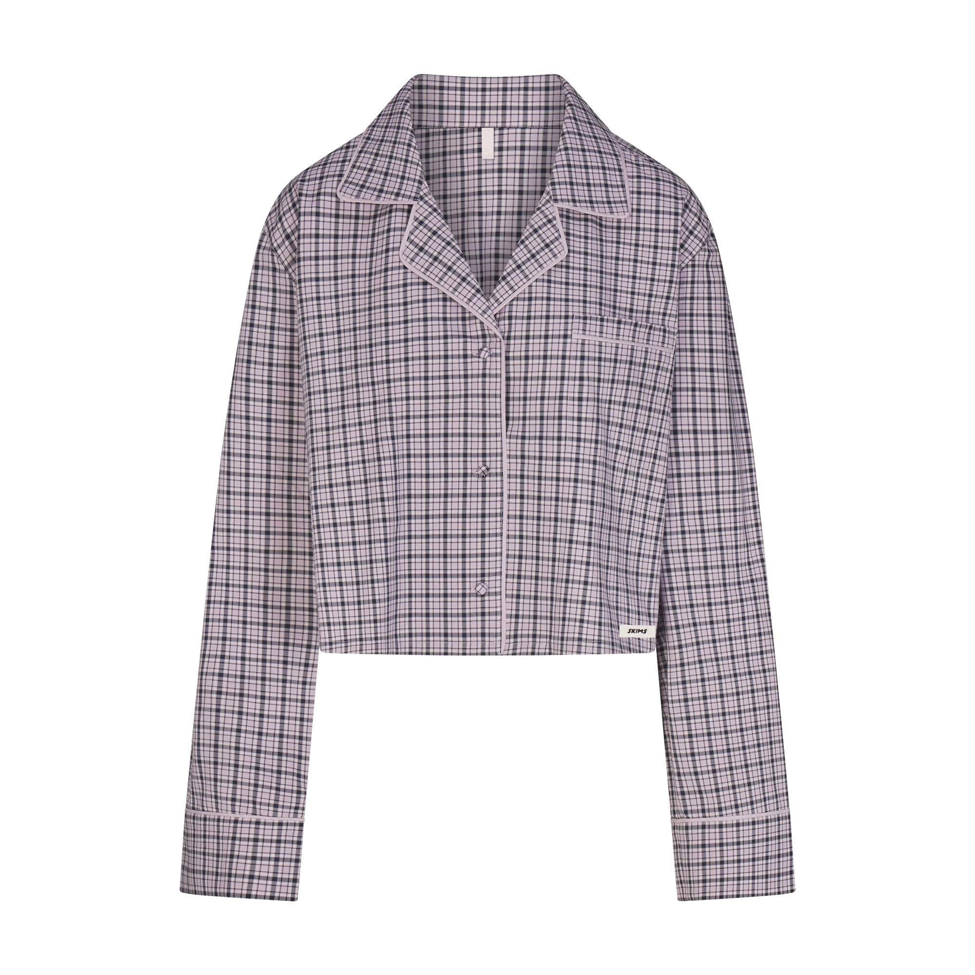 COTTON POPLIN SLEEP CROPPED BUTTON UP AND BLOOMER SET | IRIS MICA NAVY CHECK ON A MODEL | FOCUS: 0.0, 1.0, 0.9