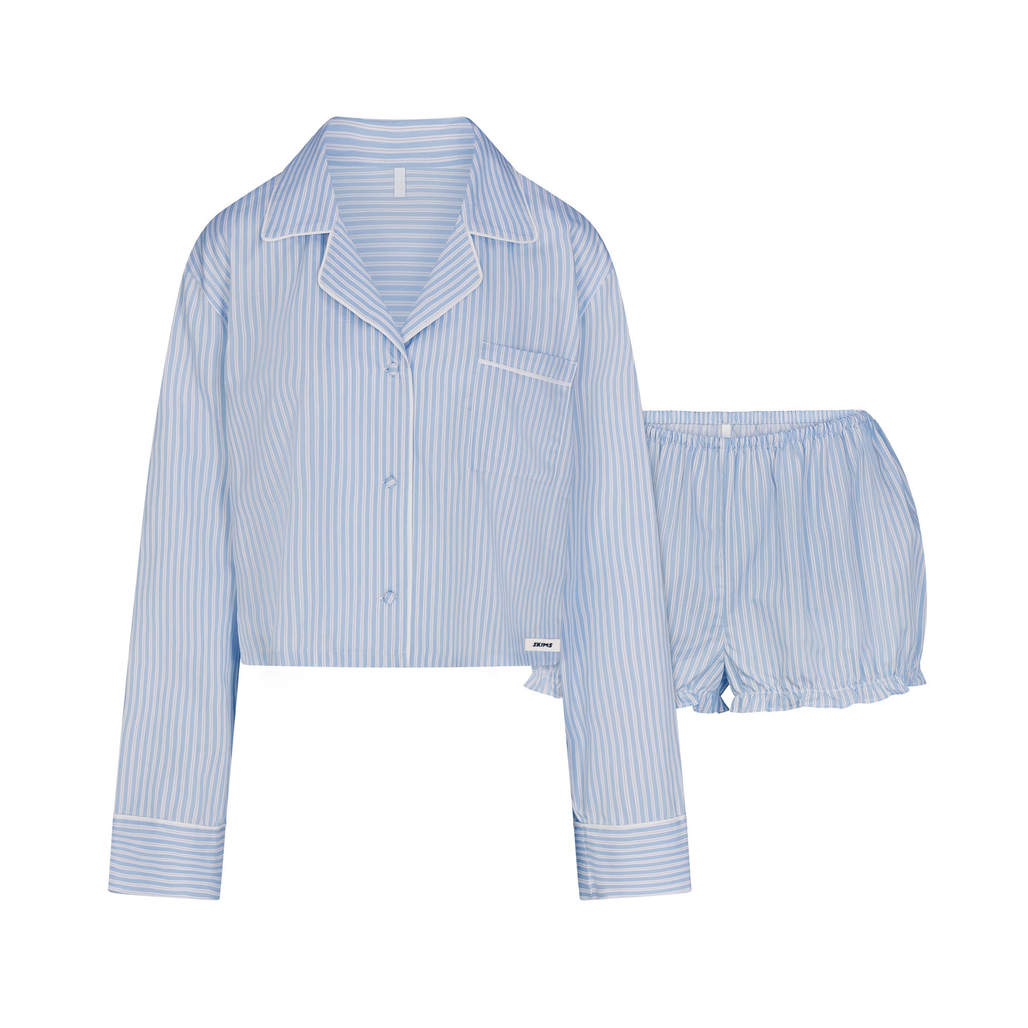 COTTON POPLIN SLEEP CROPPED BUTTON UP AND BLOOMER SET | MARINA MESH STRIPE & LAYS FLAT ON A WHITE BACKGROUND | FLT