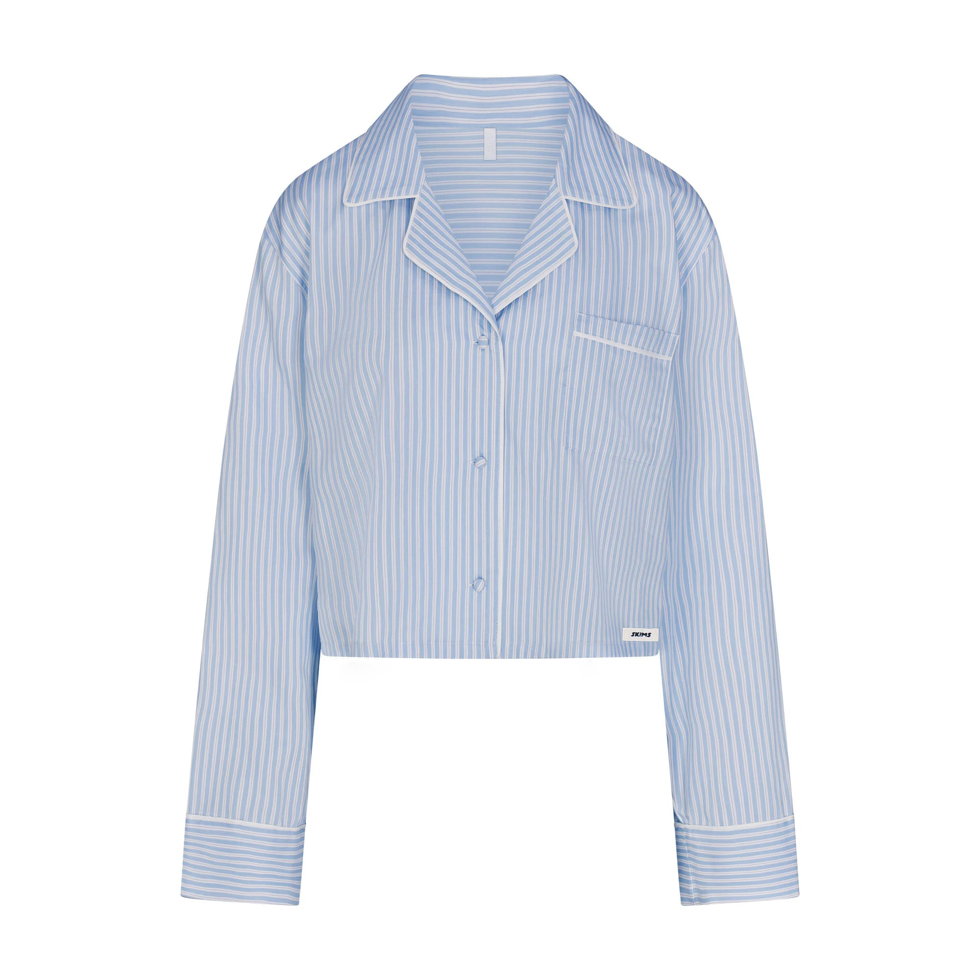 COTTON POPLIN SLEEP CROPPED BUTTON UP AND BLOOMER SET | MARINA MESH STRIPE & LAYS FLAT ON A WHITE BACKGROUND | FLT