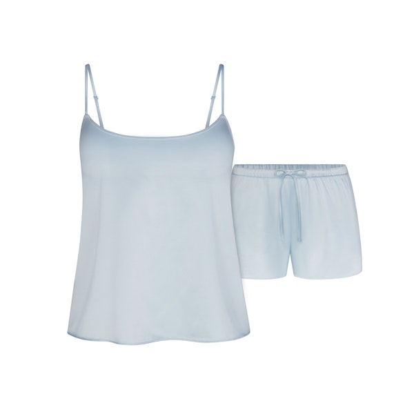 SKIMS HOTEL SHINE CAMI SLEEP SET | FROST (CAMIS, BOTTOMS) LAYS FLAT ON A WHITE BACKGROUND | FLT