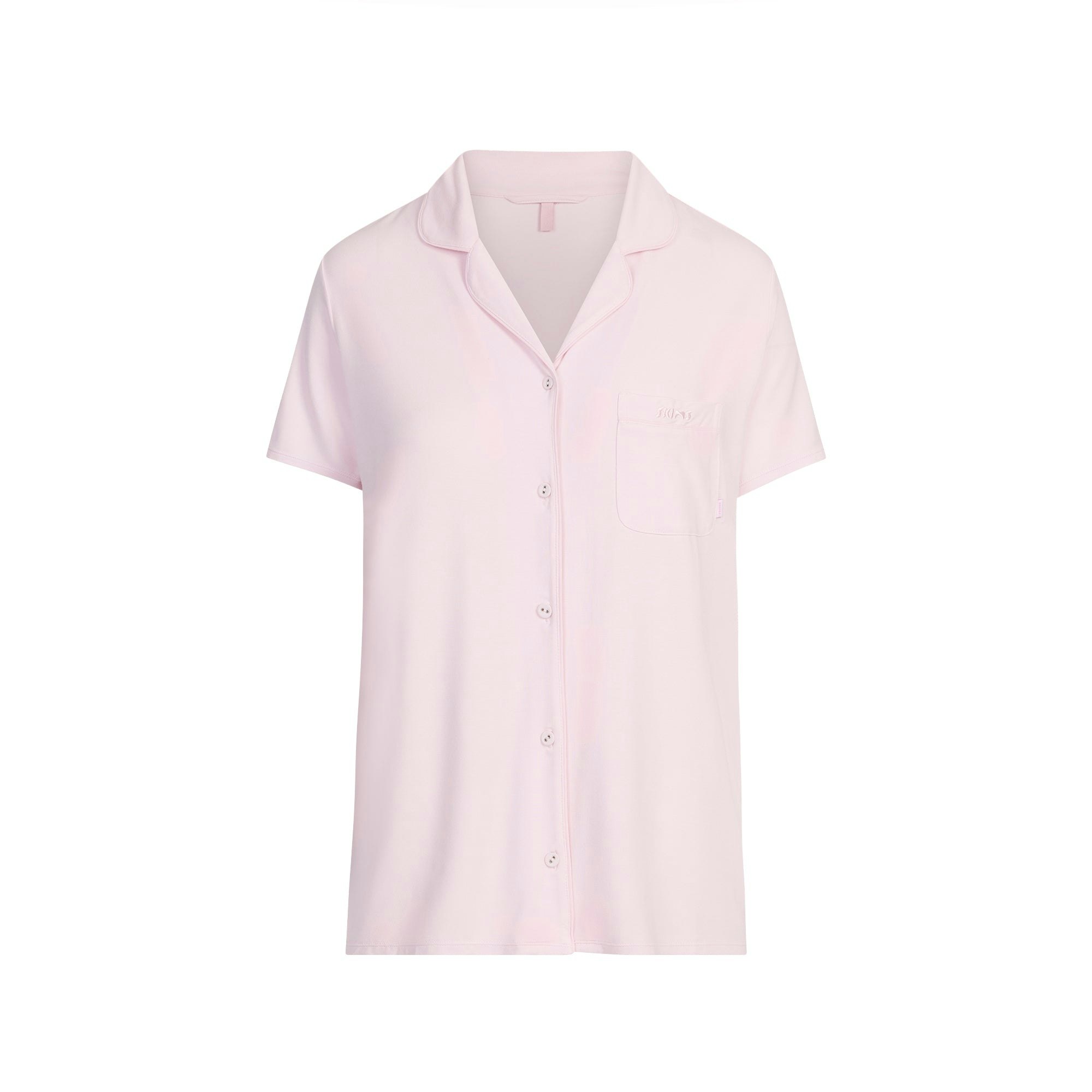 SKIMS SLEEP SHORT SLEEVE BUTTON UP SET | BLOOM FLAT ON A WHITE BACKGROUND | FLT