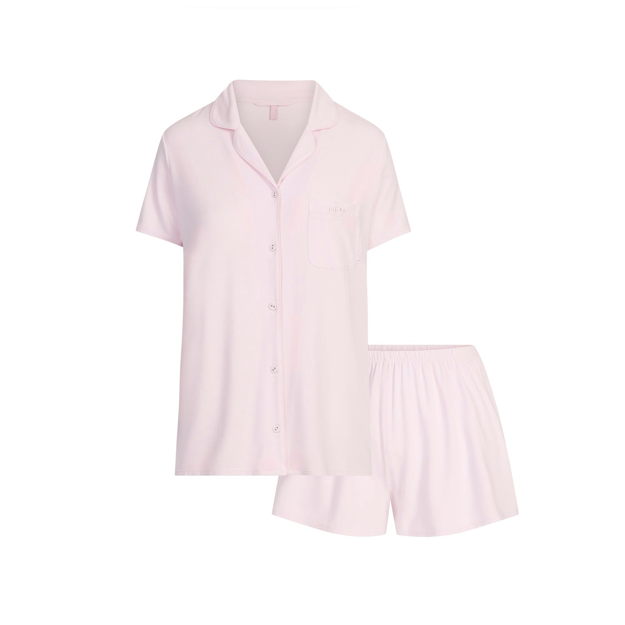 SKIMS SLEEP SHORT SLEEVE BUTTON UP SET | BLOOM FLAT ON A WHITE BACKGROUND | FLT