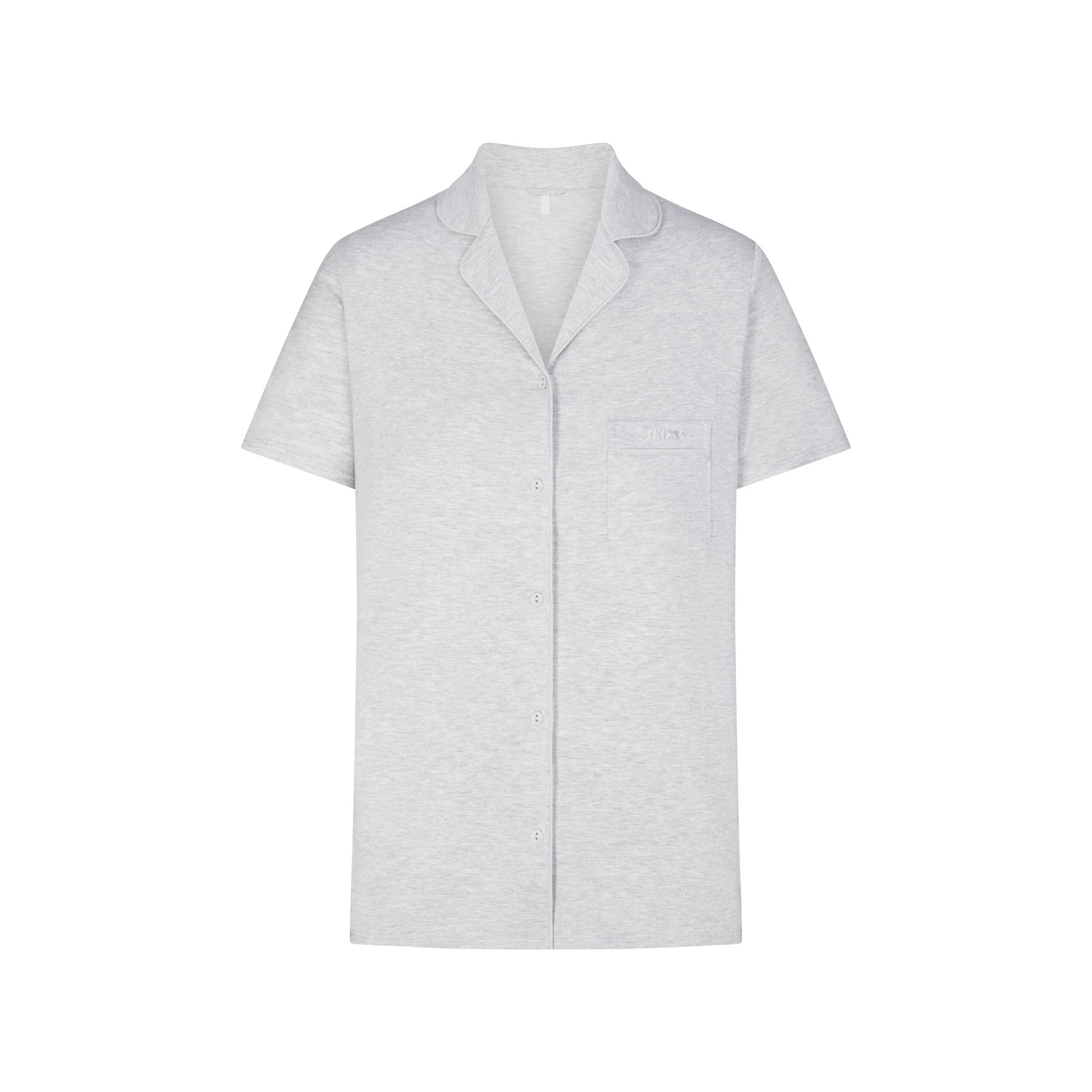 SKIMS SLEEP SHORT SLEEVE BUTTON UP SET | LIGHT HEATHER GREY FLAT ON A WHITE BACKGROUND | FLT
