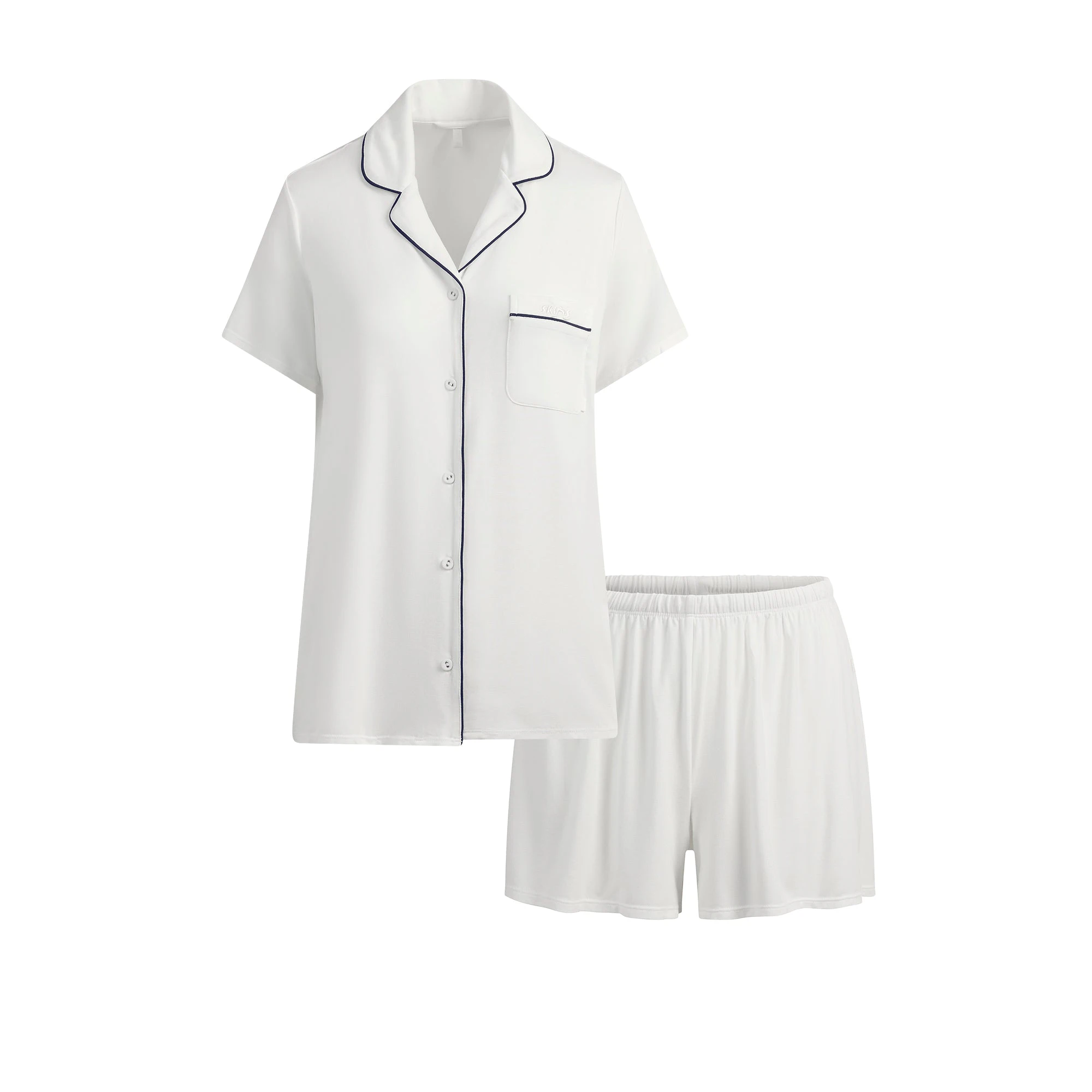 SKIMS SLEEP SHORT SLEEVE BUTTON UP SET | MARBLE CONTRAST FLAT ON A WHITE BACKGROUND | FLT