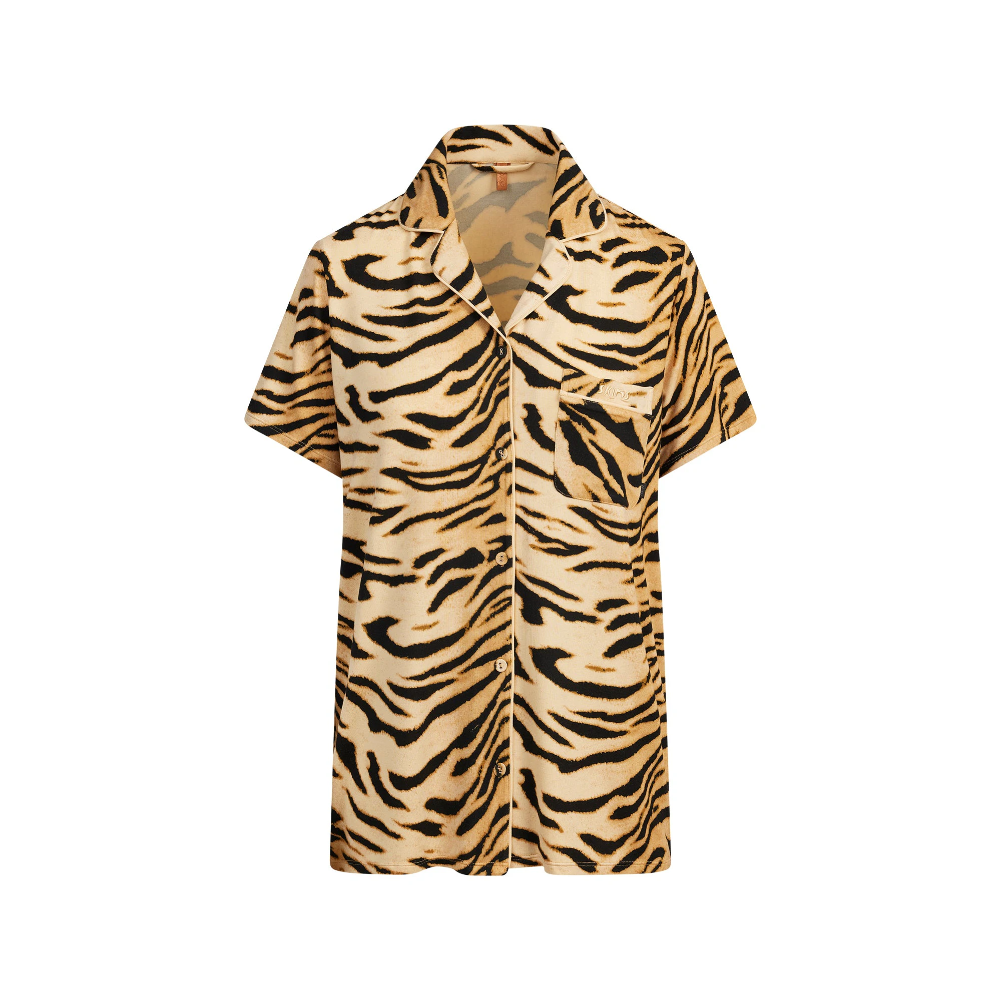 SKIMS SLEEP SHORT SLEEVE BUTTON UP SET | BRONZE TIGER PRINT FLAT ON A WHITE BACKGROUND | FLT
