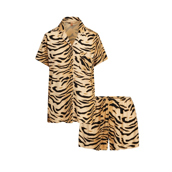 SKIMS SLEEP SHORT SLEEVE BUTTON UP SET | BRONZE TIGER PRINT FLAT ON A WHITE BACKGROUND | FLT