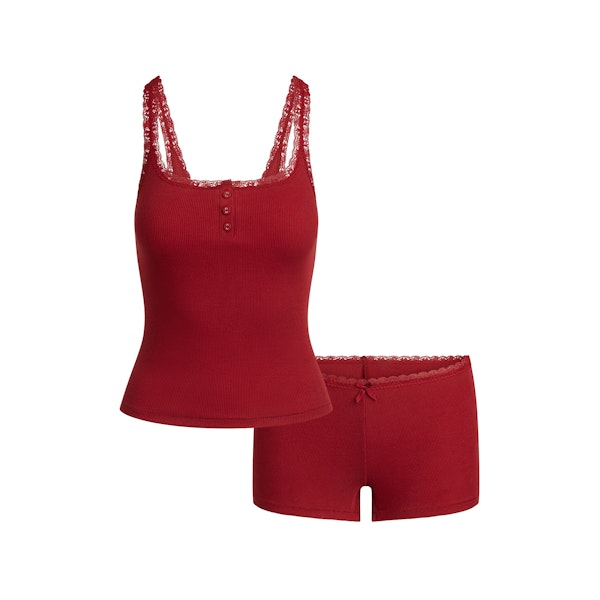 COTTON RIB LACE TANK AND SHORT SET | BRICK FLAT ON A WHITE BACKGROUND | FLT