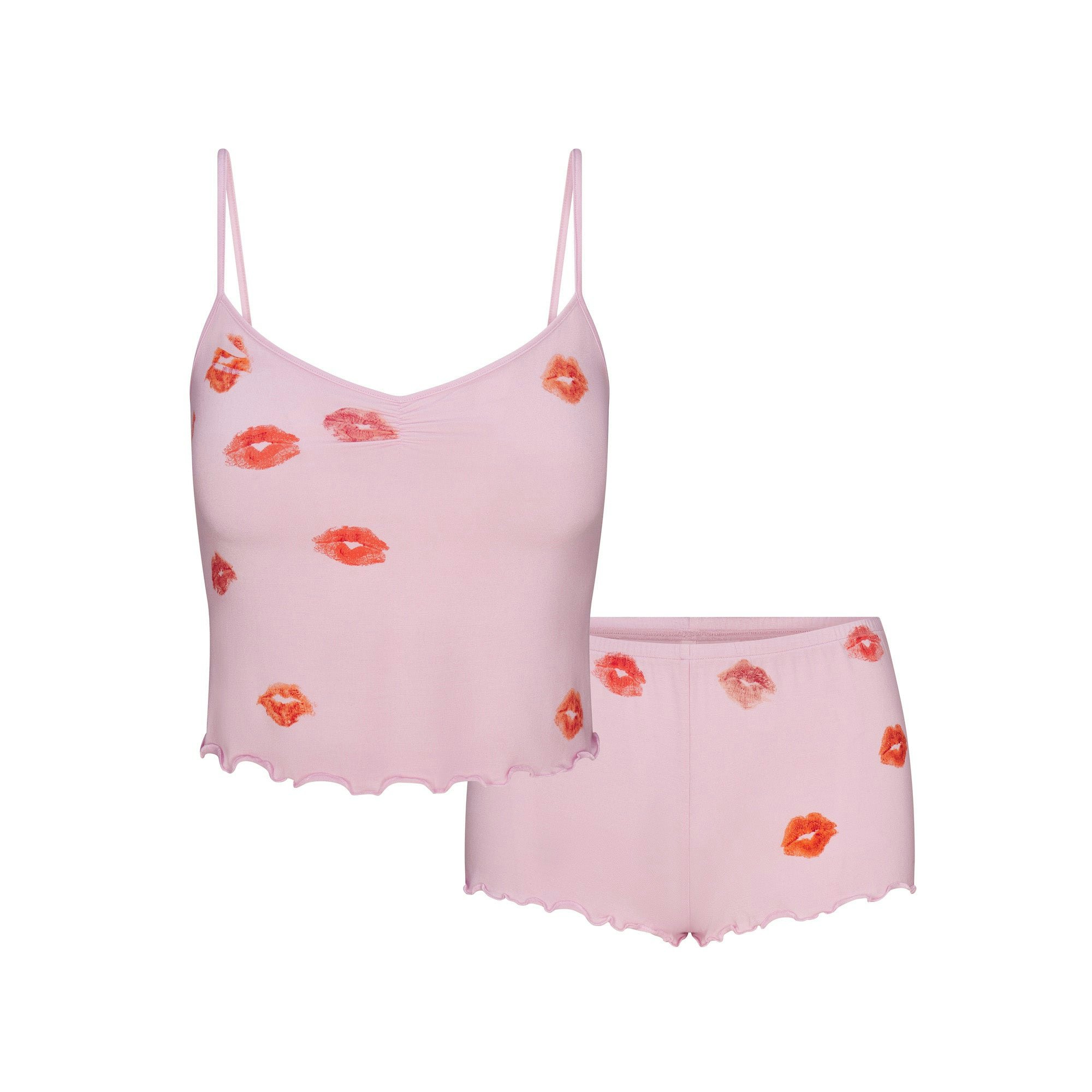 SKIMS SLEEP CAMI SET | CHERRY BLOSSOM LIPSTICK FLAT ON A WHITE BACKGROUND | FLT