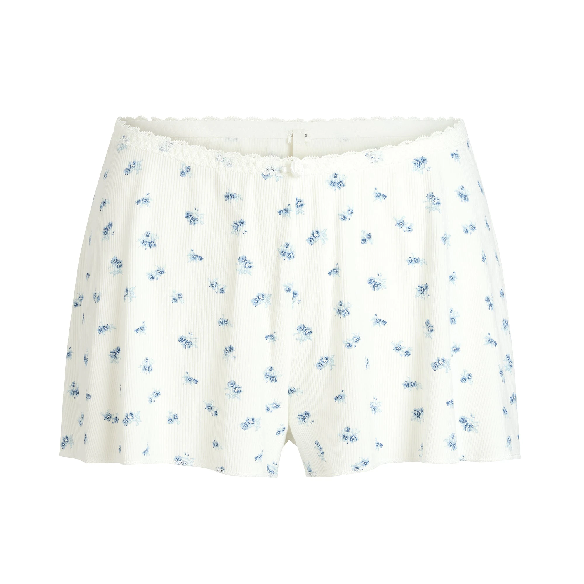 SOFT LOUNGE LACE CAMI AND SHORT SET | BLUE GARDEN PRINT FLAT ON A WHITE BACKGROUND | ADDITIONAL FABRIC DETAILS