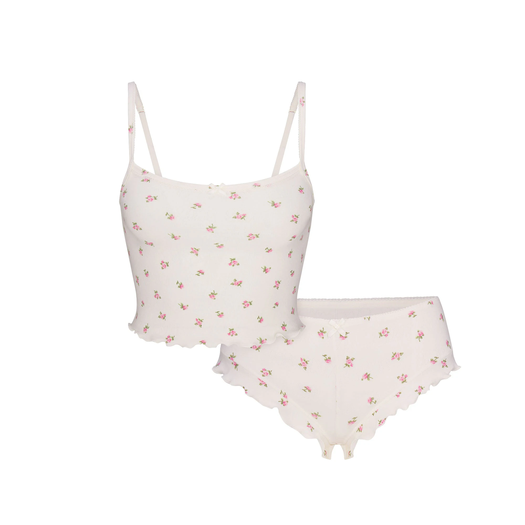 LOGO POINTELLE CROPPED CAMI SET | MARBLE PINK ROSEBUD PRINT FLAT ON A WHITE BACKGROUND | FLT
