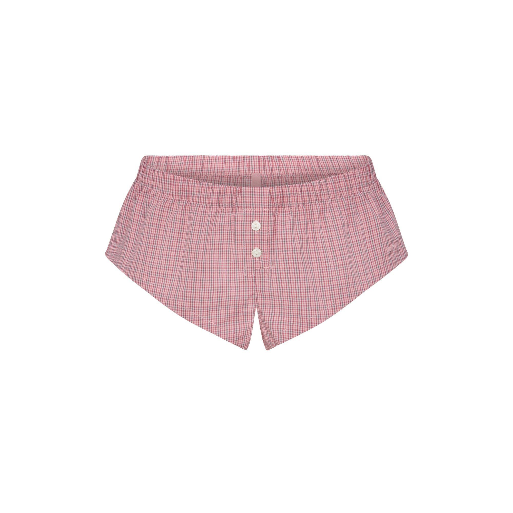 COTTON POPLIN MICRO SHORT SLEEP SET | BERRY CHECK FLAT ON A WHITE BACKGROUND @ | FLT