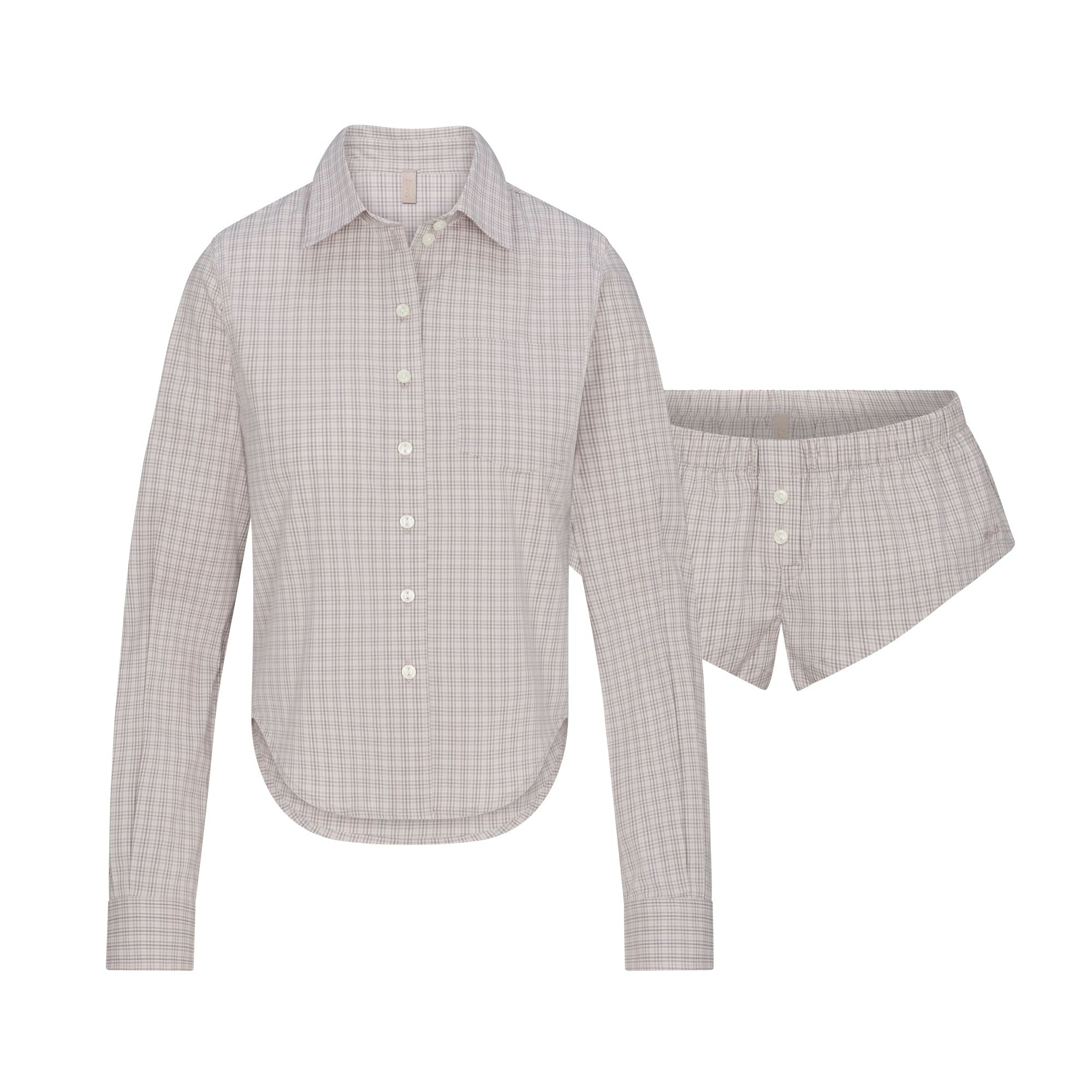 COTTON POPLIN MICRO SHORT SLEEP SET | SILVER CHECK FLAT ON A WHITE BACKGROUND @ | FLT