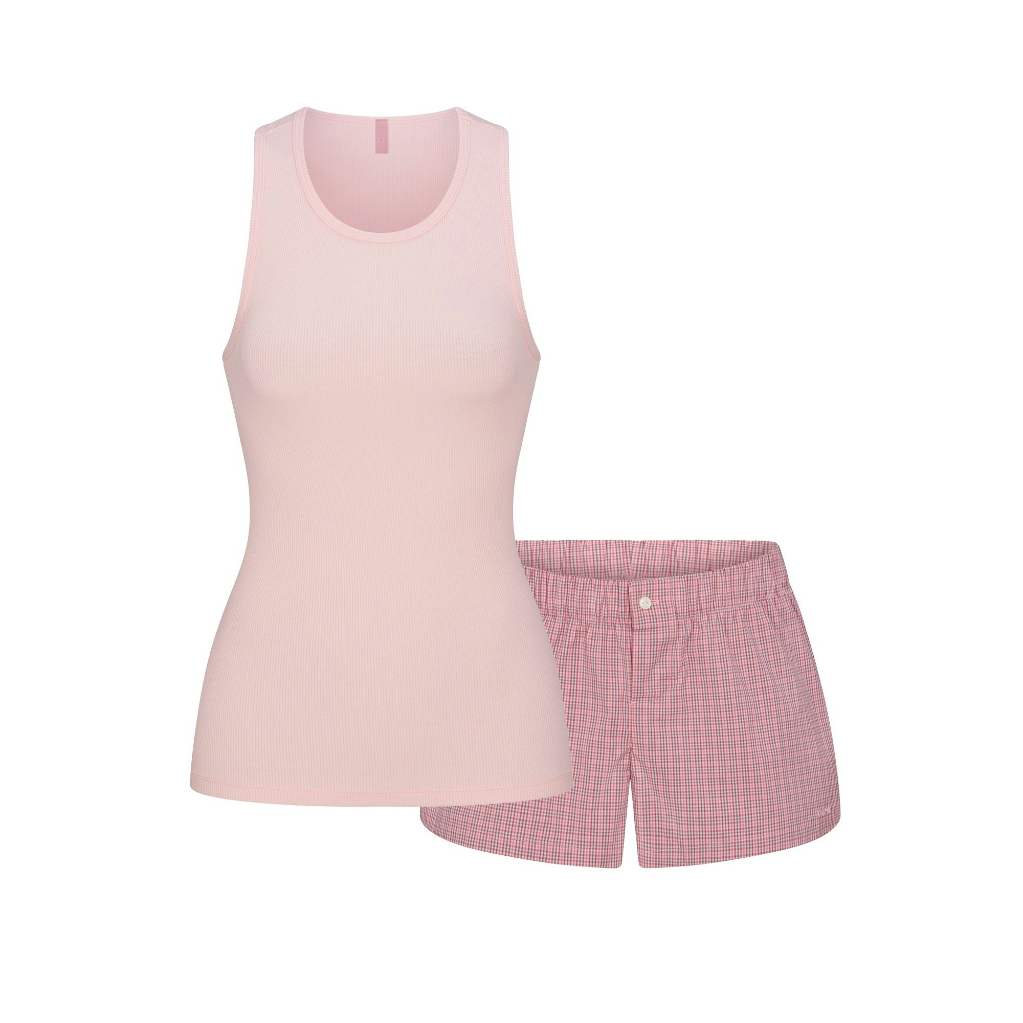 COTTON POPLIN MINI BOXER AND TANK SLEEP SET | BERRY CHECK FLAT ON A WHITE BACKGROUND @ | FLT