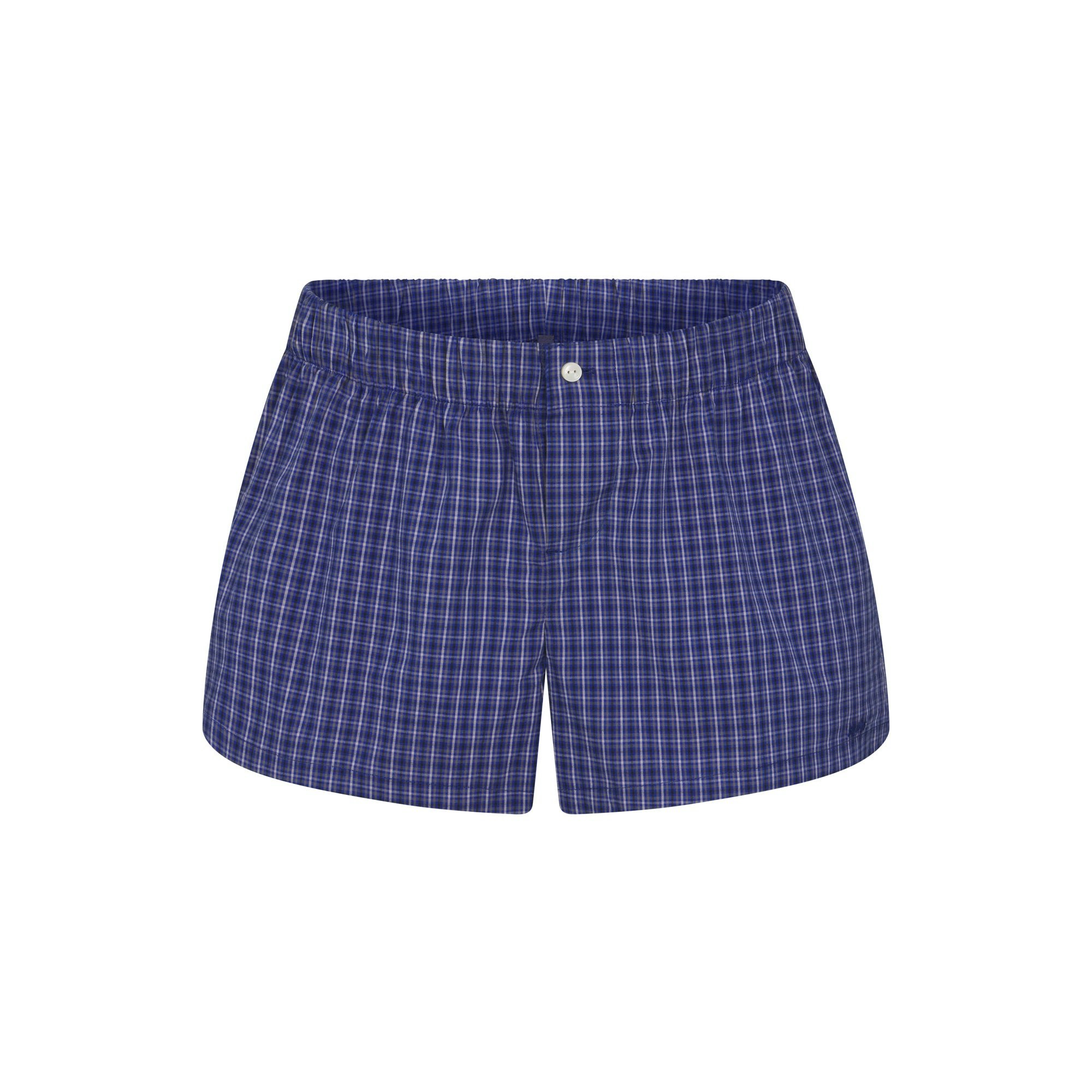 COTTON POPLIN MINI BOXER AND TANK SLEEP SET | NAVY CHECK FLAT ON A WHITE BACKGROUND @ | FLT