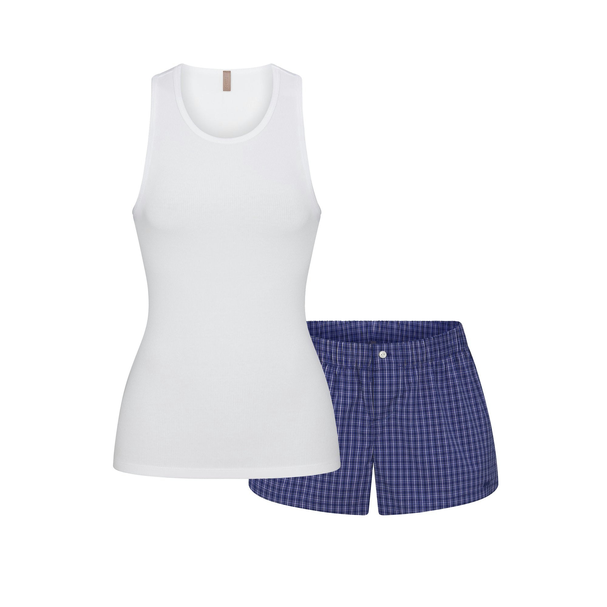 COTTON POPLIN MINI BOXER AND TANK SLEEP SET | NAVY CHECK FLAT ON A WHITE BACKGROUND @ | FLT