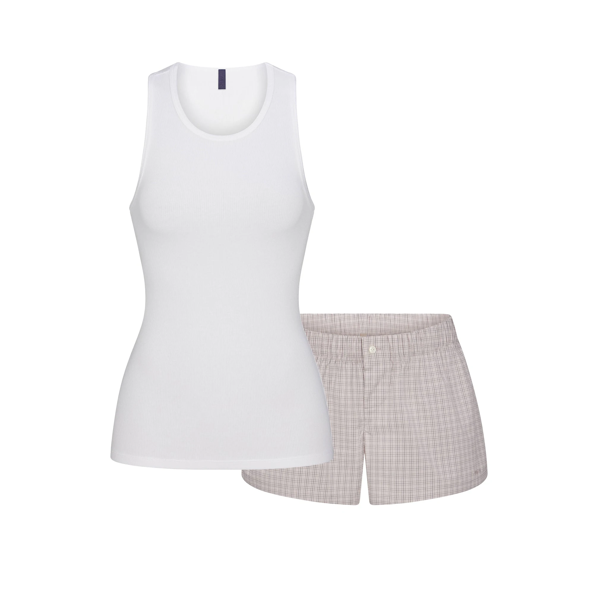 COTTON POPLIN MINI BOXER AND TANK SLEEP SET | SILVER CHECK FLAT ON A WHITE BACKGROUND @ | FLT