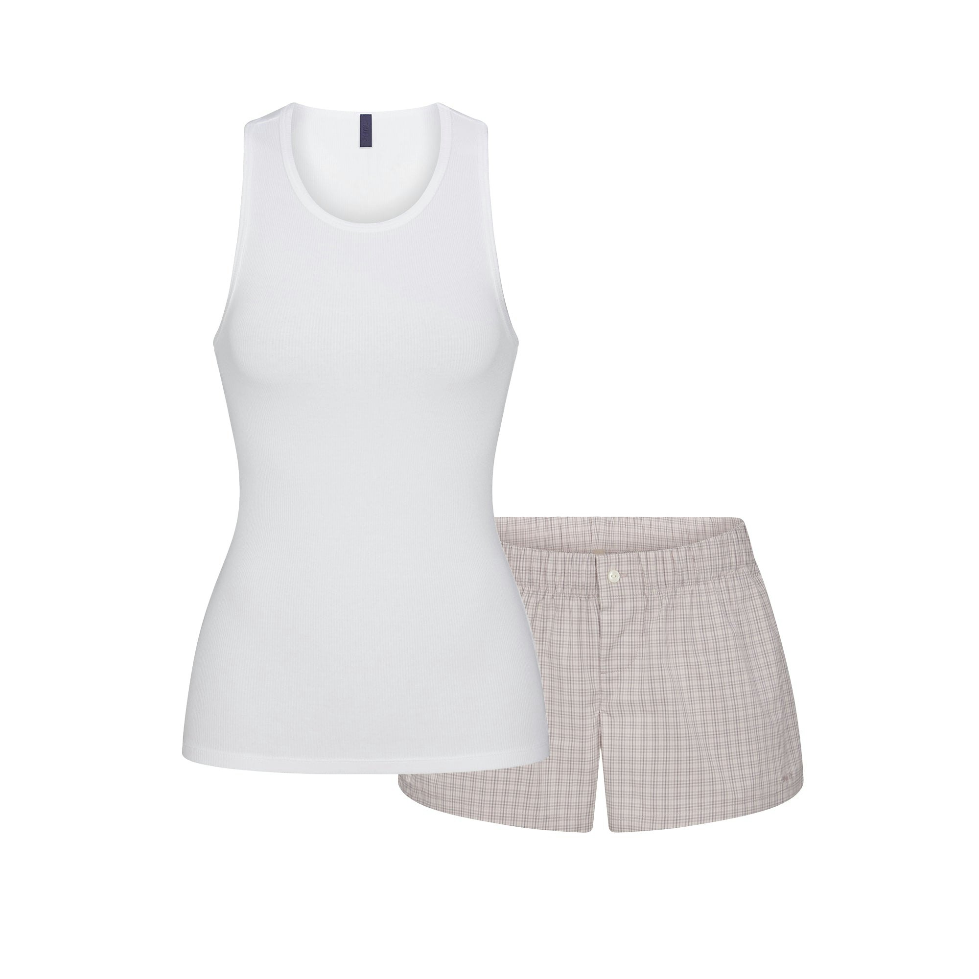 COTTON POPLIN MINI BOXER AND TANK SLEEP SET | SILVER CHECK FLAT ON A WHITE BACKGROUND @ | FLT