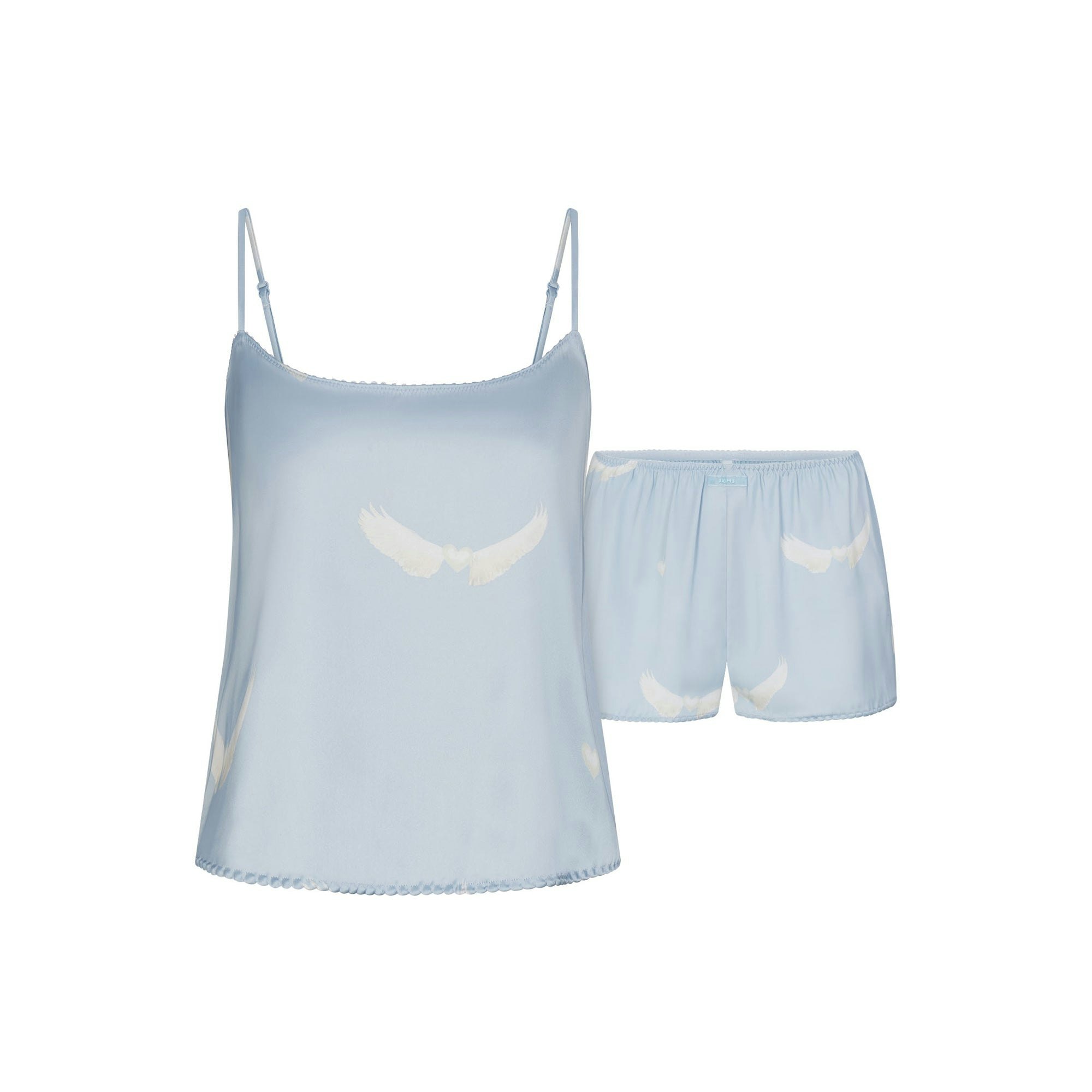 WOVEN SHINE CAMI AND SHORT SLEEP SET | AERO WING HEARTS PRINT LAYS FLAT ON A WHITE BACKGROUND | FLT 