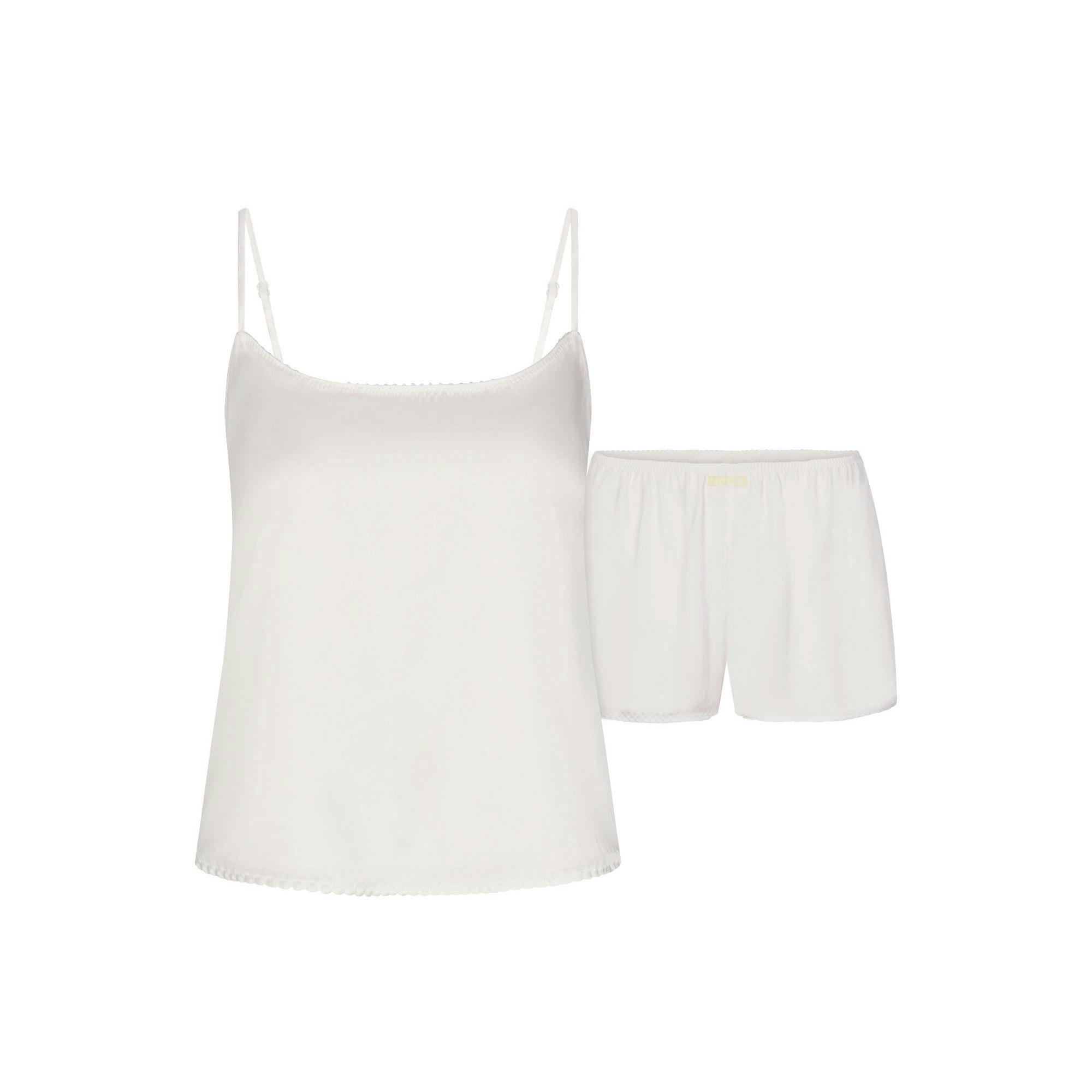 WOVEN SHINE CAMI AND SHORT SLEEP SET | IVORY LAYS FLAT ON A WHITE BACKGROUND | FLT 
