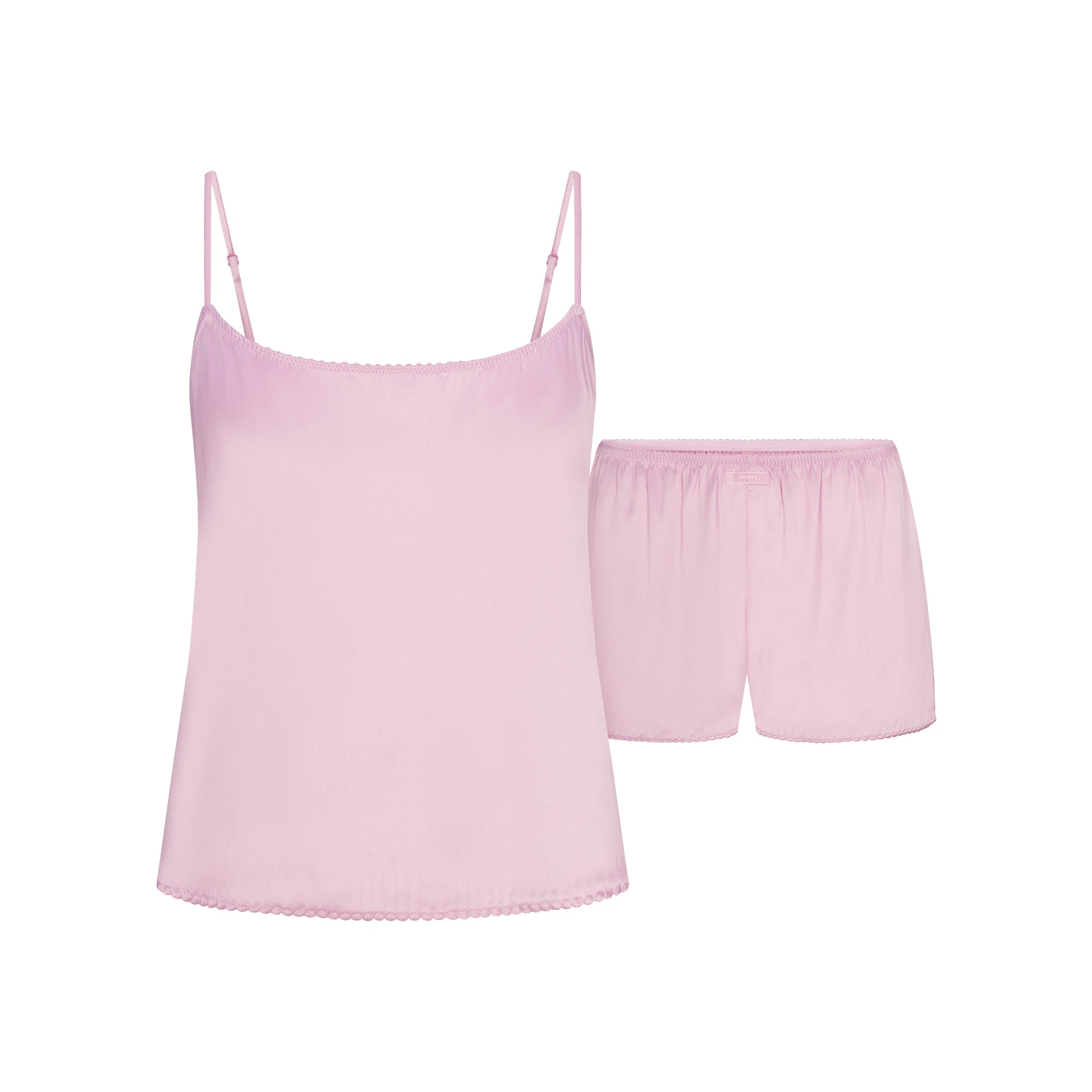 WOVEN SHINE CAMI AND SHORT SLEEP SET | PINK ROSE FLAT ON A WHITE BACKGROUND | FLT
