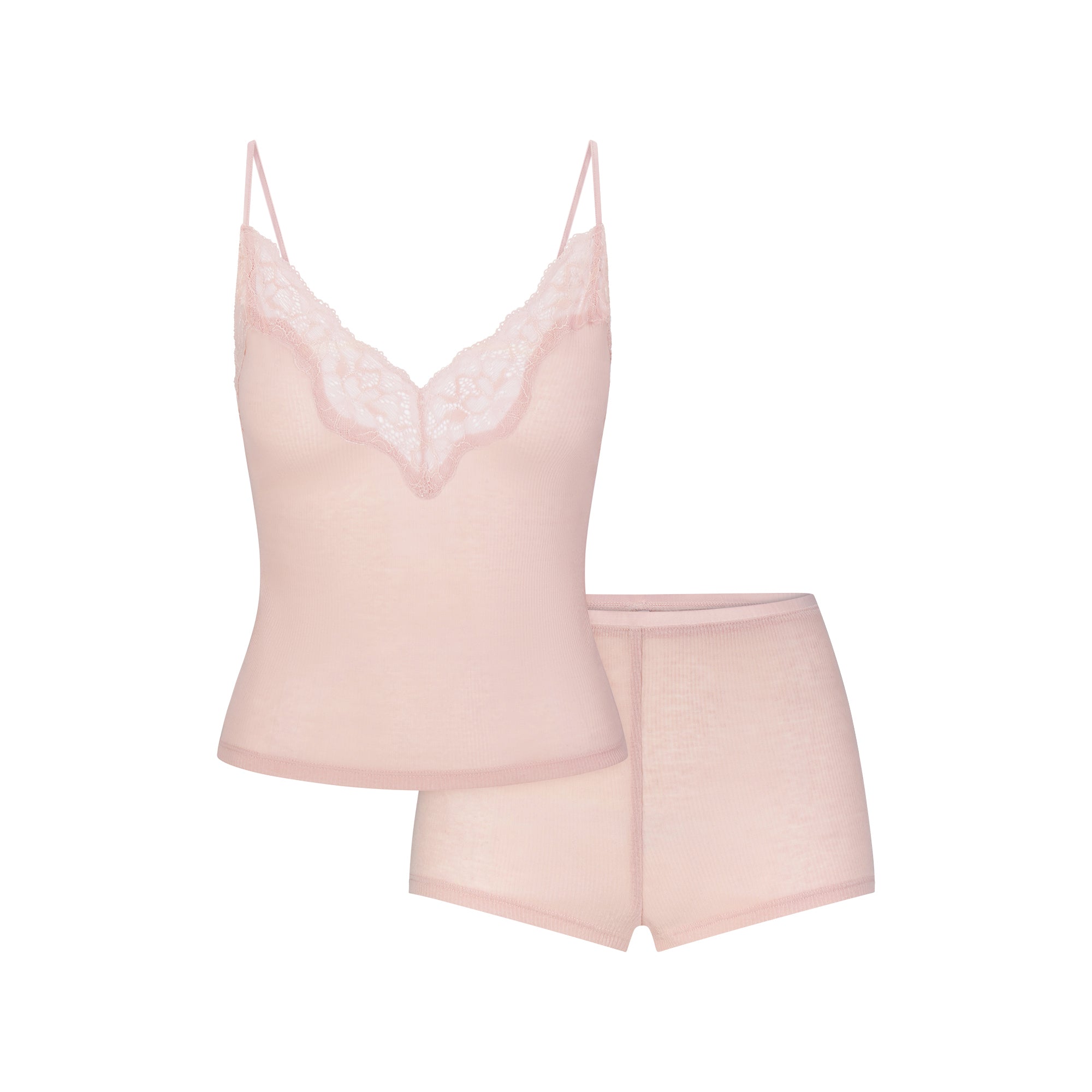 SHEER RIB LACE CAMI AND SHORT SET | MORGANITE FLAT ON A WHITE BACKGROUND | FLT