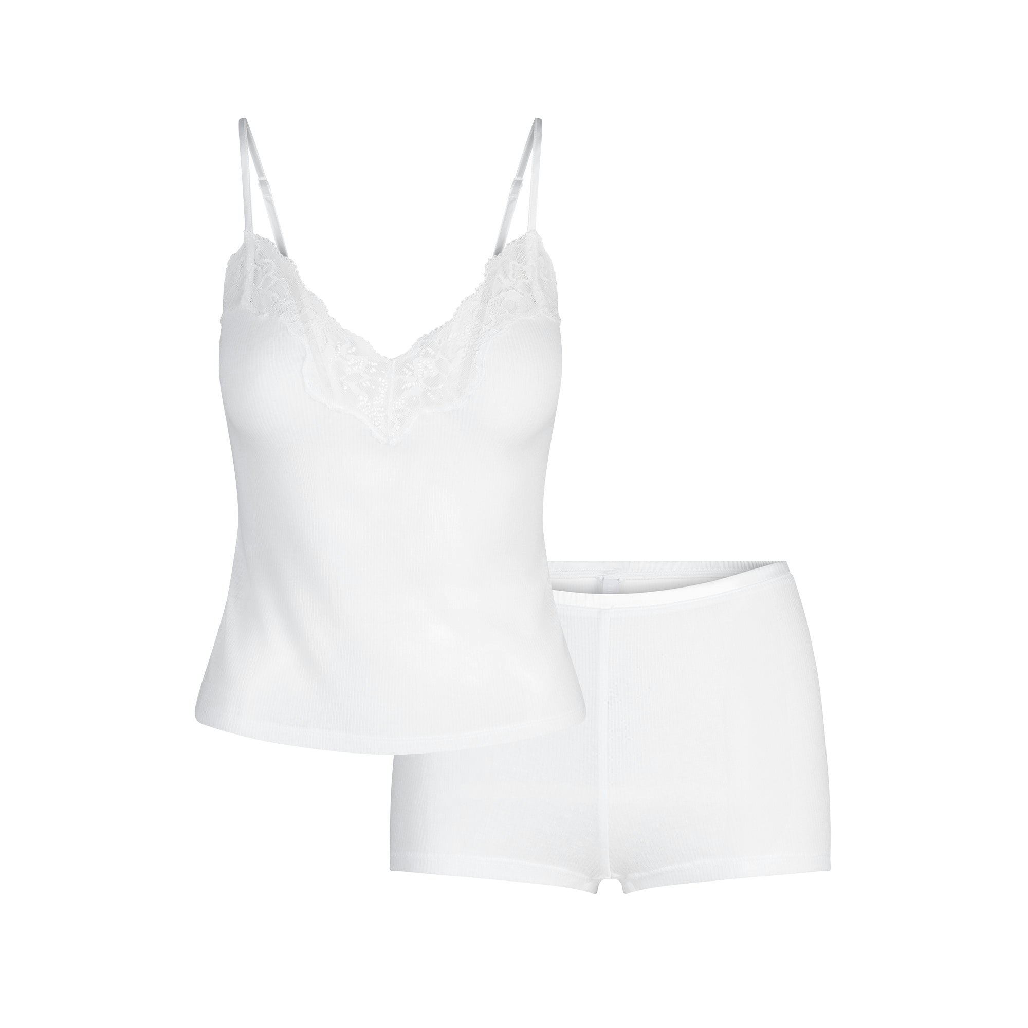 SHEER COTTON LACE CAMI AND SHORT SET | SNOW FLAT ON A WHITE BACKGROUND | FLT
