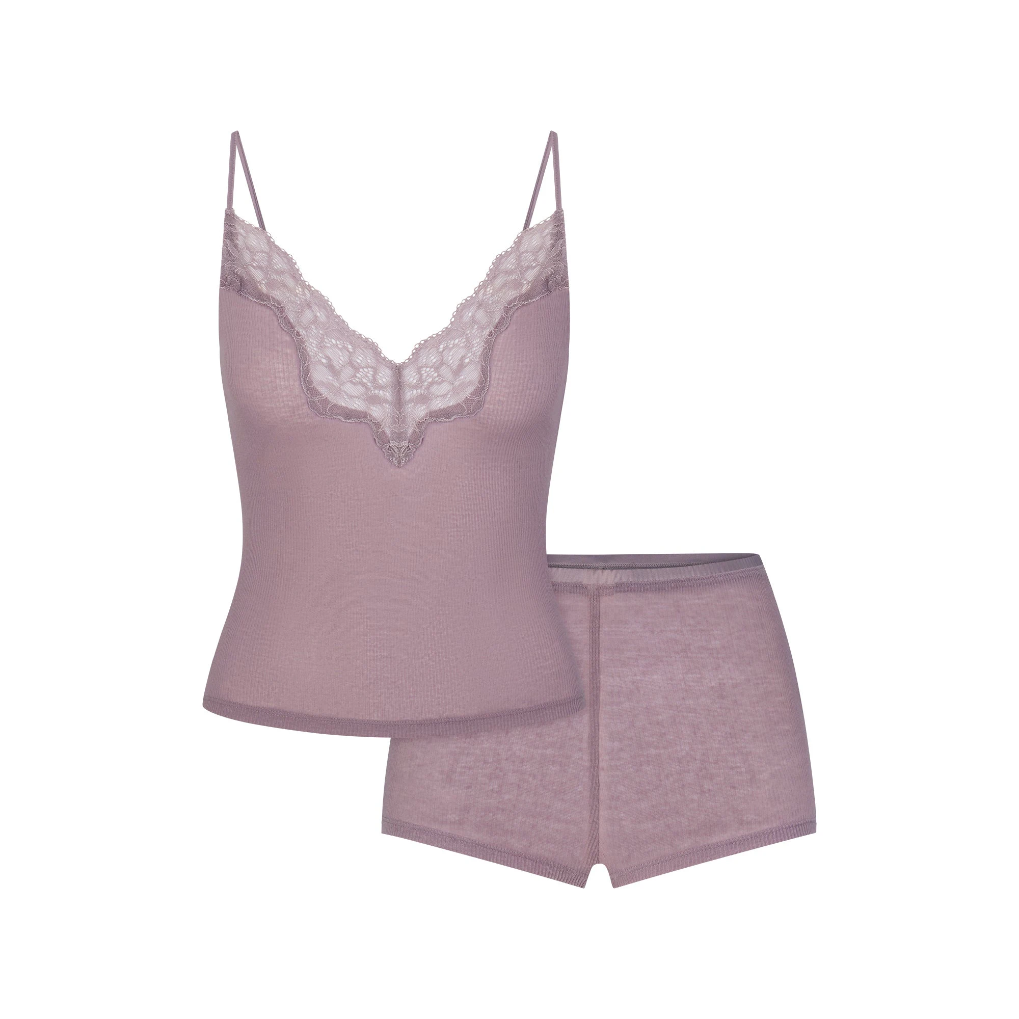 SHEER RIB LACE CAMI AND SHORT SET | ZINC FLAT ON A WHITE BACKGROUND | FLT