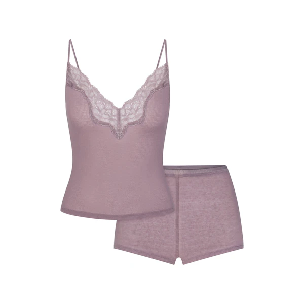 SHEER RIB LACE CAMI AND SHORT SET | ZINC FLAT ON A WHITE BACKGROUND | FLT