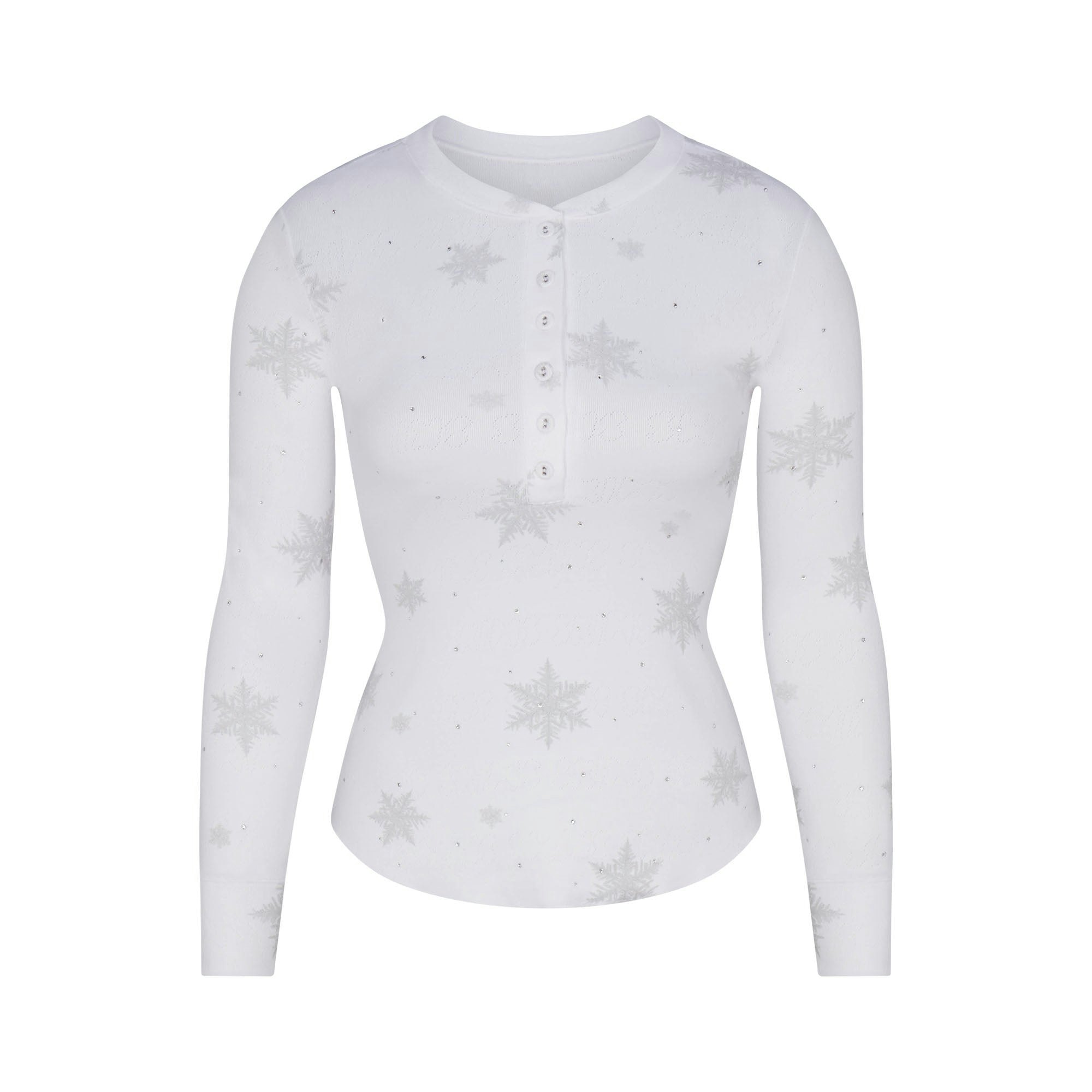 LOGO PLUSH POINTELLE RHINESTONE HENLEY SET | SNOW RHINESTONE PRINT FLAT ON A WHITE BACKGROUND | FLT