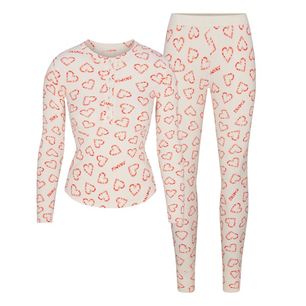 COTTON RIB HENLEY AND LEGGING SET | MARBLE CANDY HEART PRINT FLAT ON A WHITE BACKGROUND | FLT