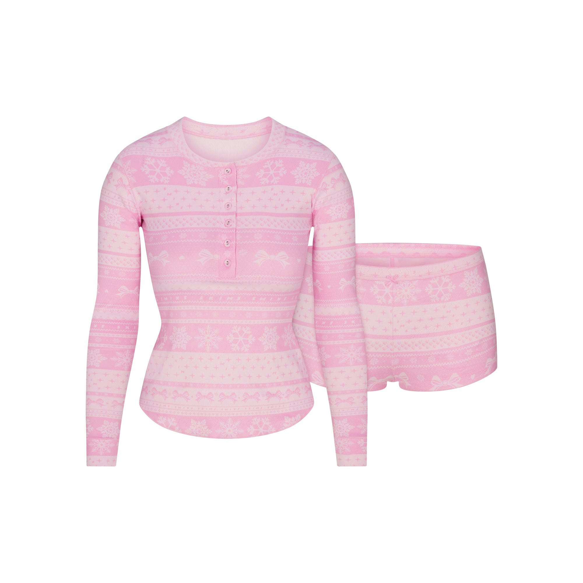 LOGO PLUSH POINTELLE HENLEY SET | BUBBLE GUM BOW FAIR ISLE FLAT ON A WHITE BACKGROUND | FLT