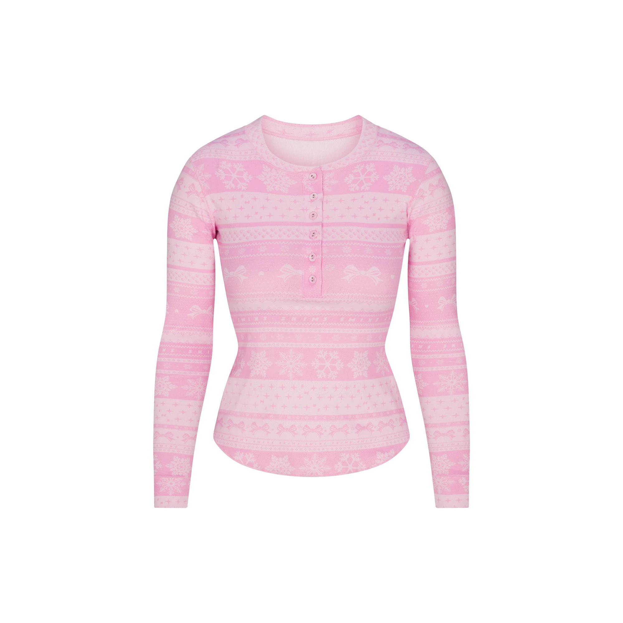 LOGO PLUSH POINTELLE HENLEY SET | BUBBLE GUM BOW FAIR ISLE FLAT ON A WHITE BACKGROUND | FLT