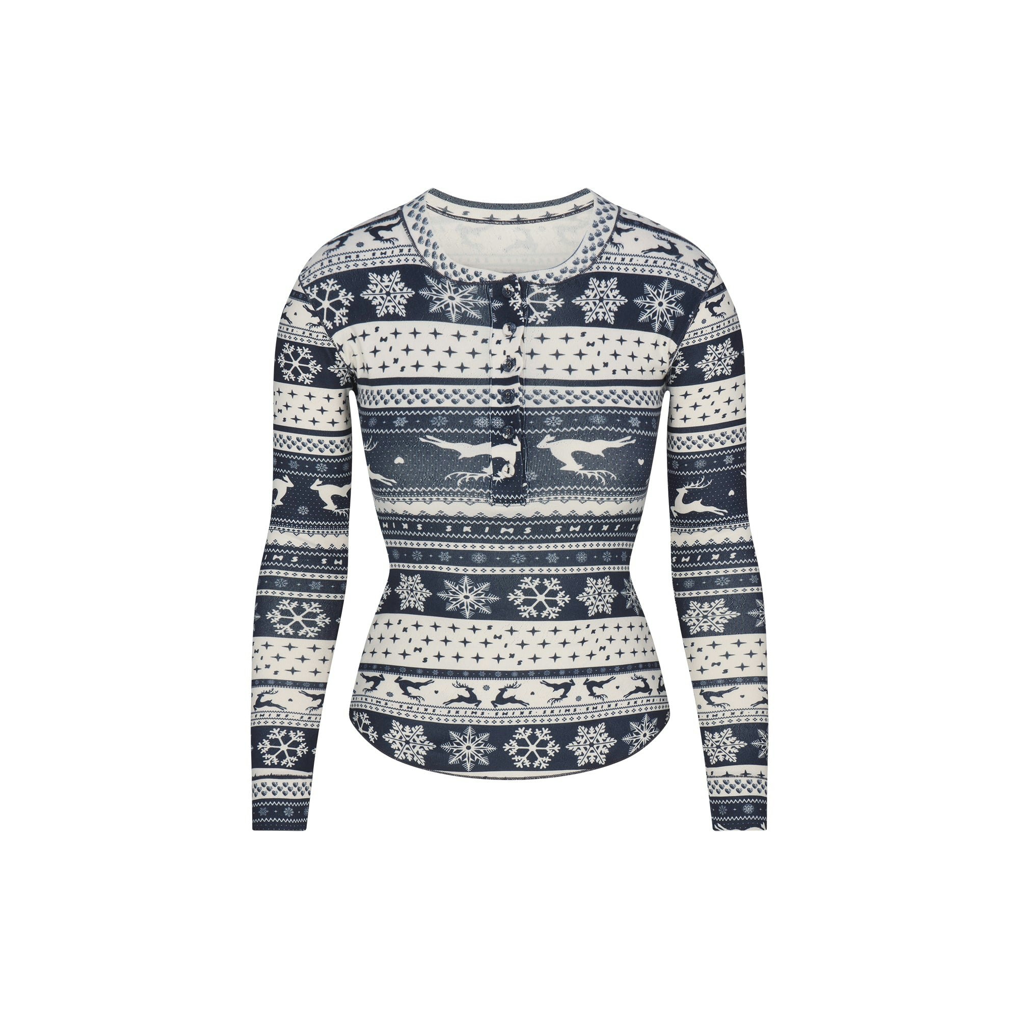 LOGO PLUSH POINTELLE HENLEY SET | NAVY DEER FAIR ISLE FLAT ON A WHITE BACKGROUND | FLT