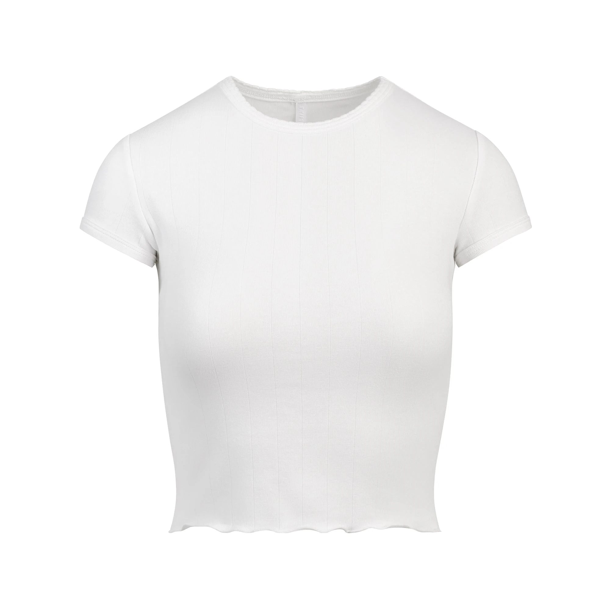 DROP NEEDLE POINTELLE BABY TEE | SNOW FLAT ON A WHITE BACKGROUND | FLT