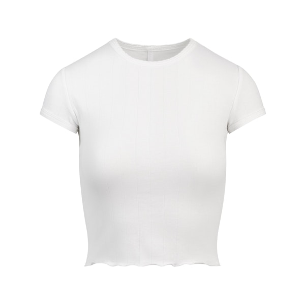 DROP NEEDLE POINTELLE BABY TEE | SNOW FLAT ON A WHITE BACKGROUND | FLT