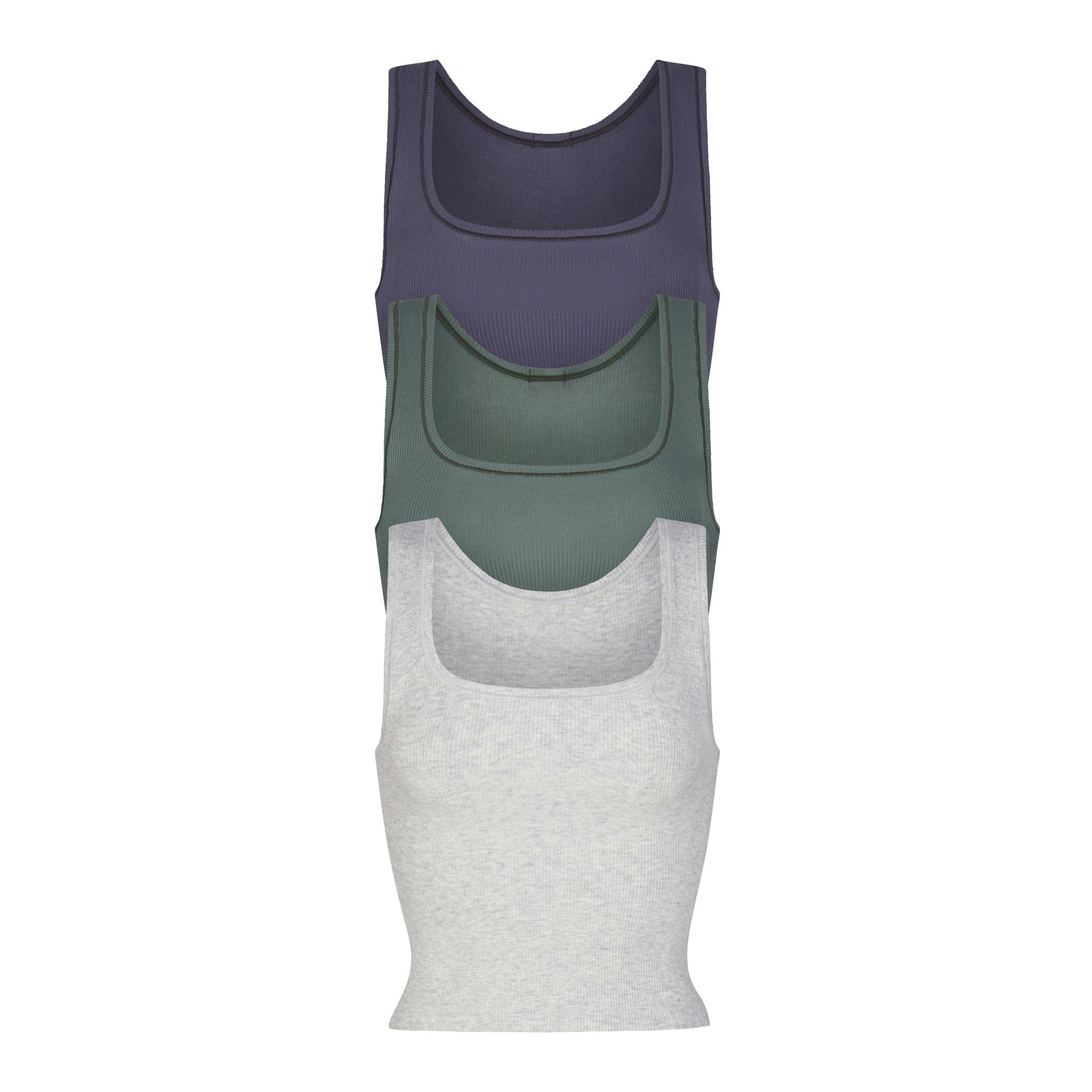 COTTON RIB TANK 3-PACK | MALACHITE MULTI LAYS FLAT ON A WHITE BACKGROUND