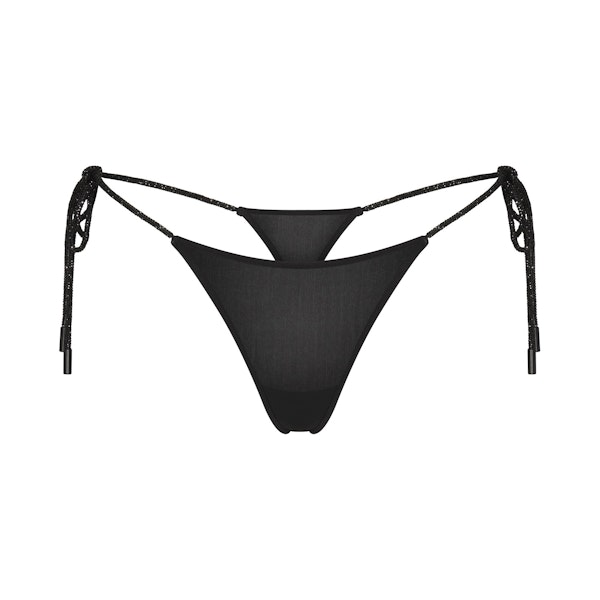 RHINESTONE KNIT TIE SIDE THONG | ONYX FLAT ON A WHITE BACKGROUND | FLT