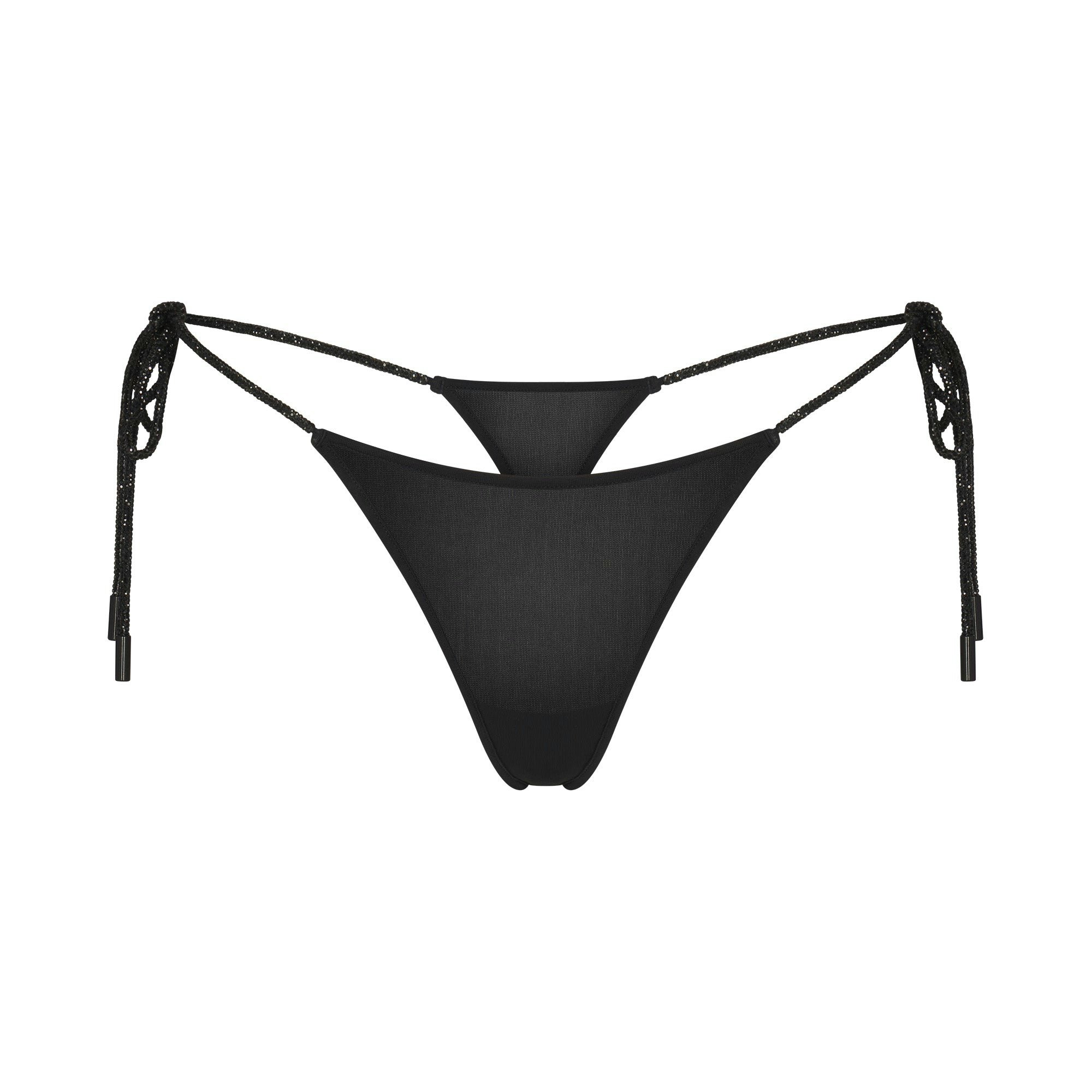 RHINESTONE KNIT TIE SIDE THONG | ONYX FLAT ON A WHITE BACKGROUND | FLT